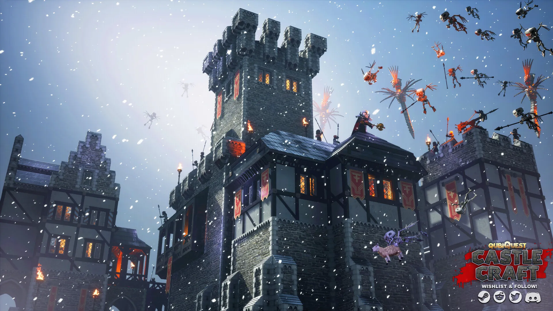 Captura Castle Craft Un Castillo Fortificado Resalta En Medio De Una Nevada Con Aves Volando Alrededor
