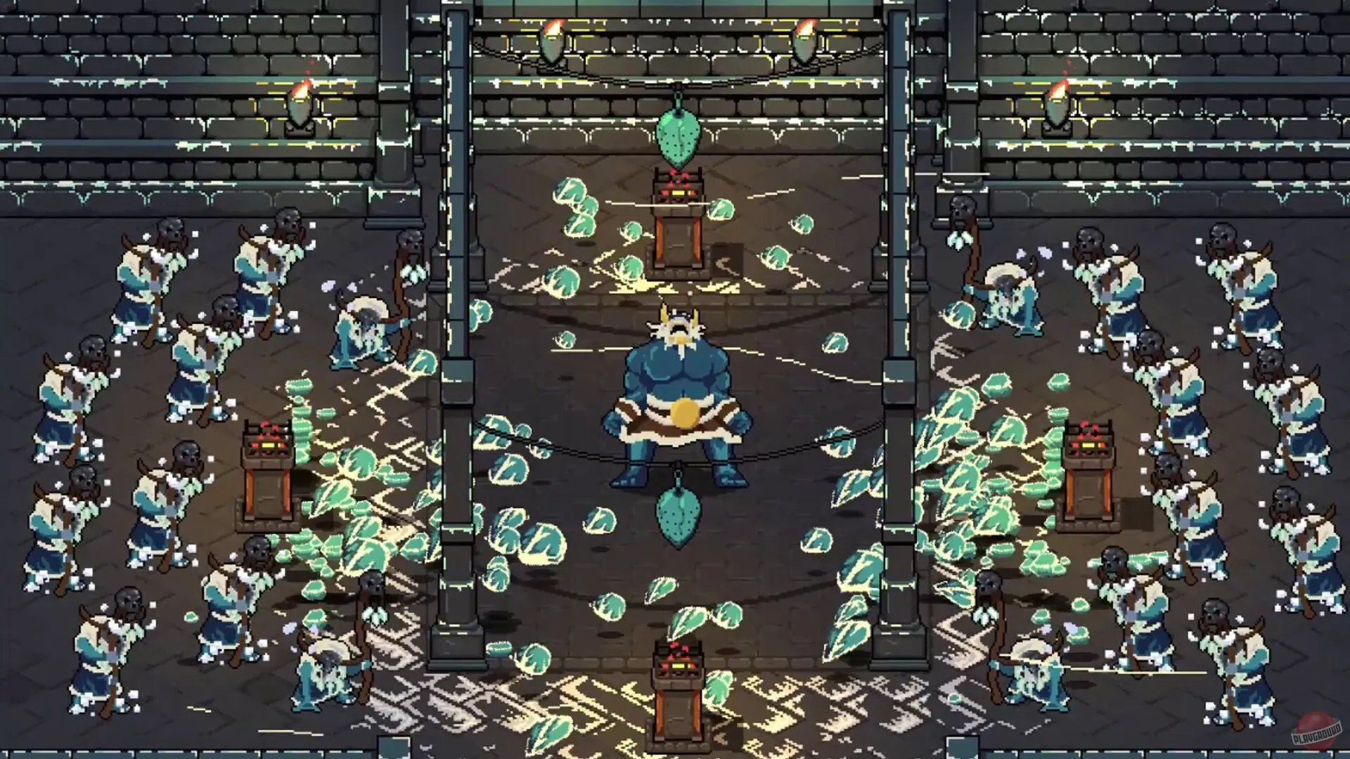 Captura Castle Of Alchemists Personaje Rodeado De Proyectiles En Un Entorno Industrial Metalico