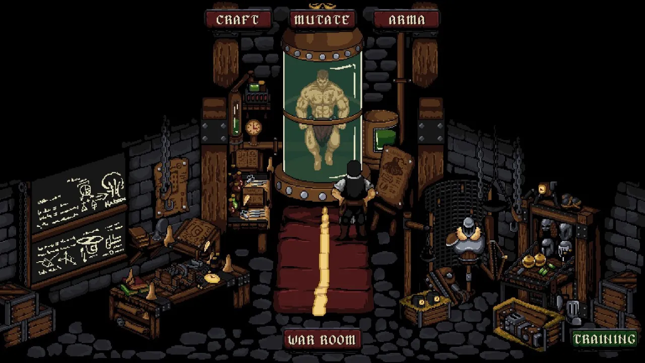 Captura Castle Of Alchemists Sala Con Decoracion Medieval Oscura Y Personajes Sentados Junto A Una Pancarta