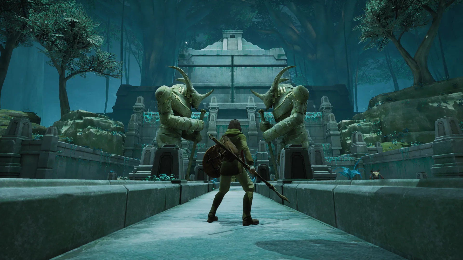 Captura Chronos Before The Ashes – Entrada A Templo Con Dos Estatuas Gigantes Y Niebla Azul