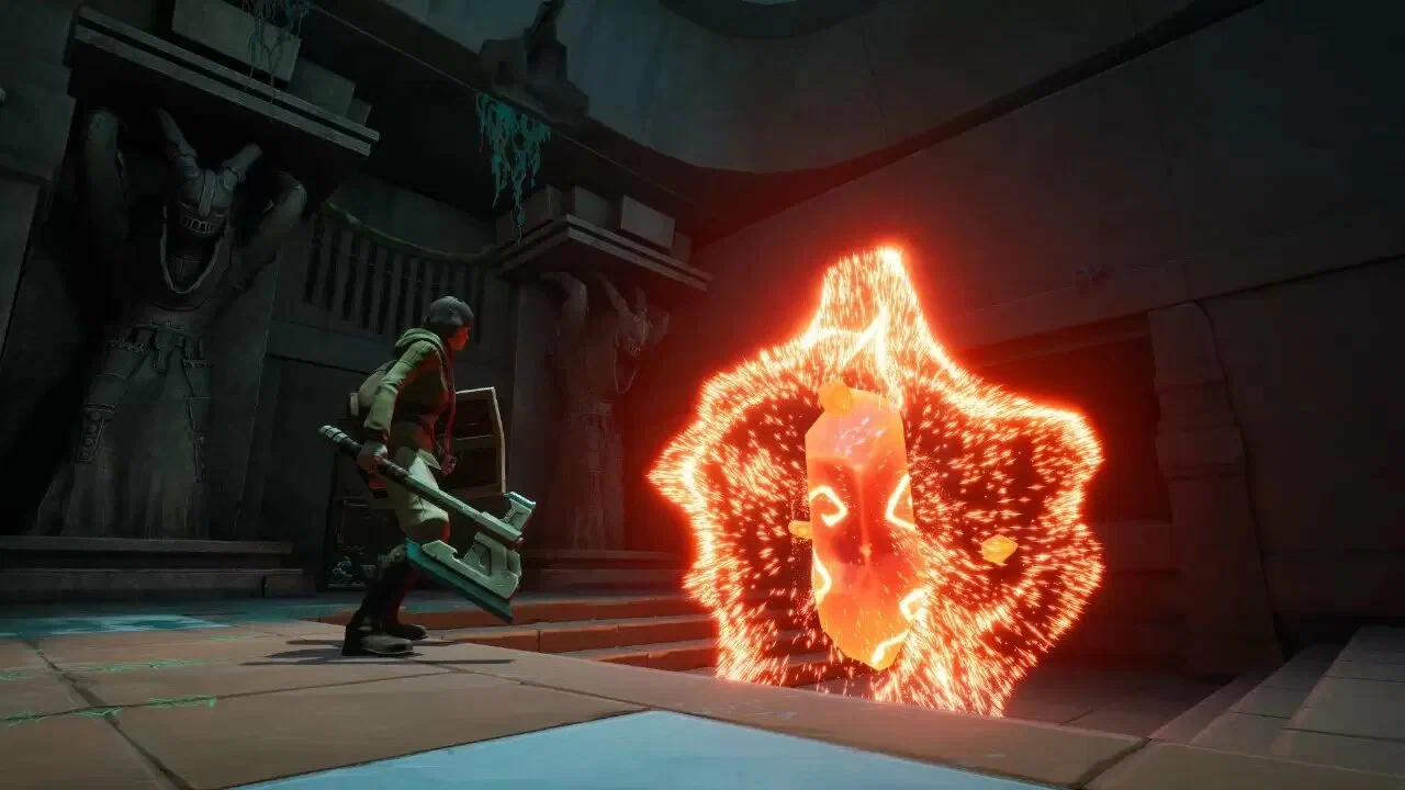 Captura Chronos Before The Ashes – Protagonista Enfrentando Figura De Energia Ignea En Pasillo Cerrado