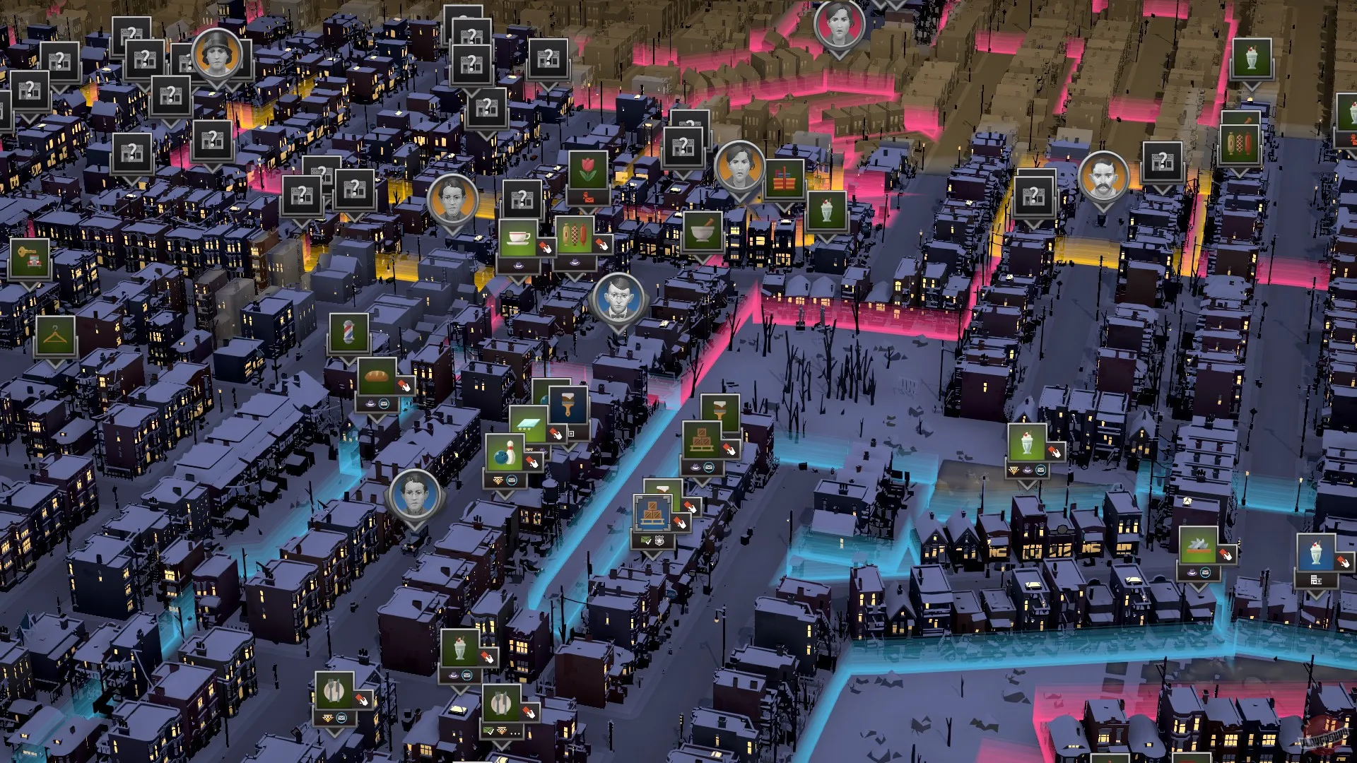 Captura City Of Gangsters – Vista Superior Con Multiples Edificios Y Rutas Marcadas En Colores