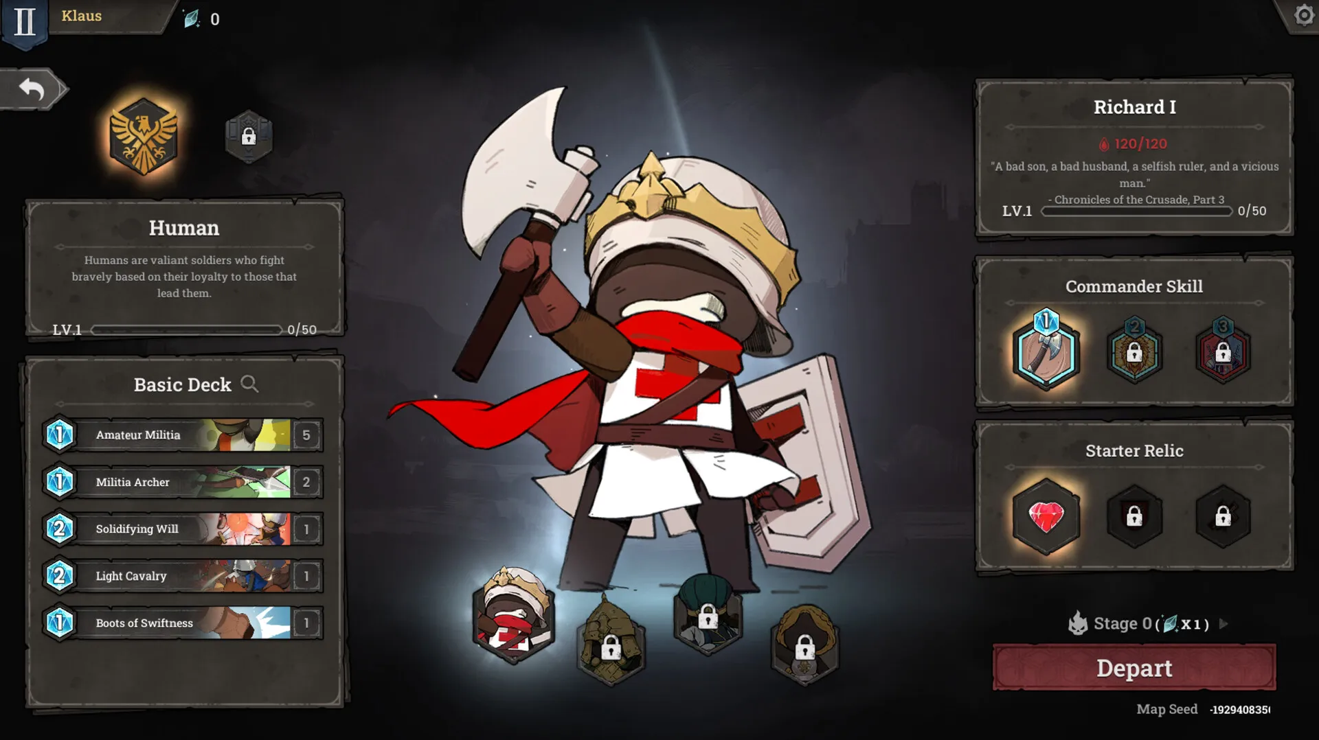 Captura Commander Quest – Personaje Vikingo En La Pantalla De Seleccion Con Estadisticas Y Habilidades