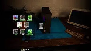 Captura Computer Repair Shop Escritorio Con Torre Negra Encendida Y Varios Iconos Flotantes Sobre Un Mantel Azul