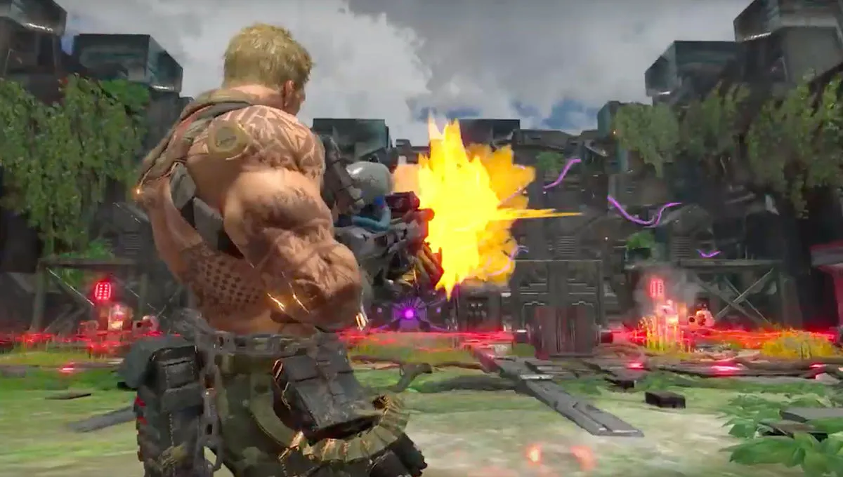 Captura Contra Rogue Corps Personaje Musculoso Apunta Mientras Ocurre Una Explosion En El Campo