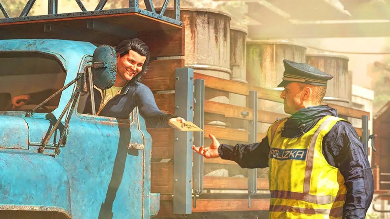 Captura Contraband Police Interaccion Entre Oficial Y Conductor Frente A Un Camion Azul