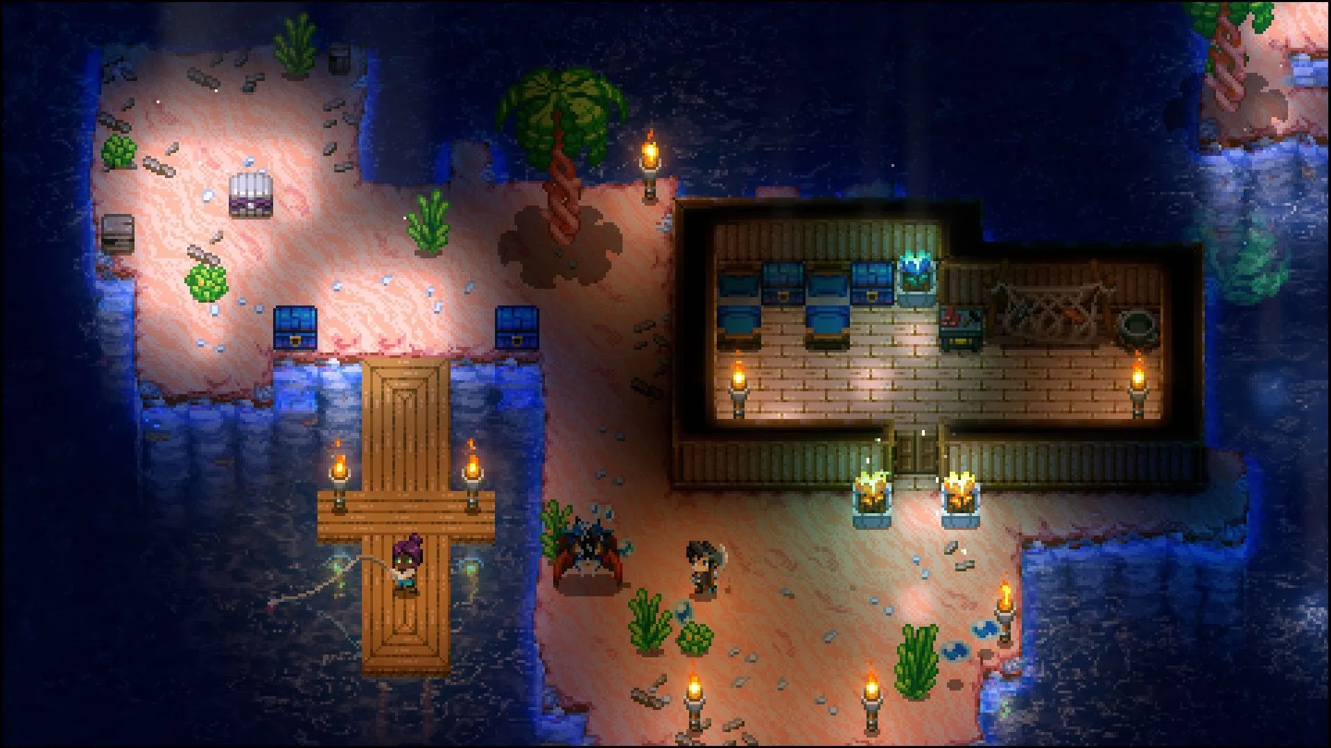 Captura Core Keeper – Plataforma De Madera Sobre Un Lago Subterraneo Con Luces Tenues