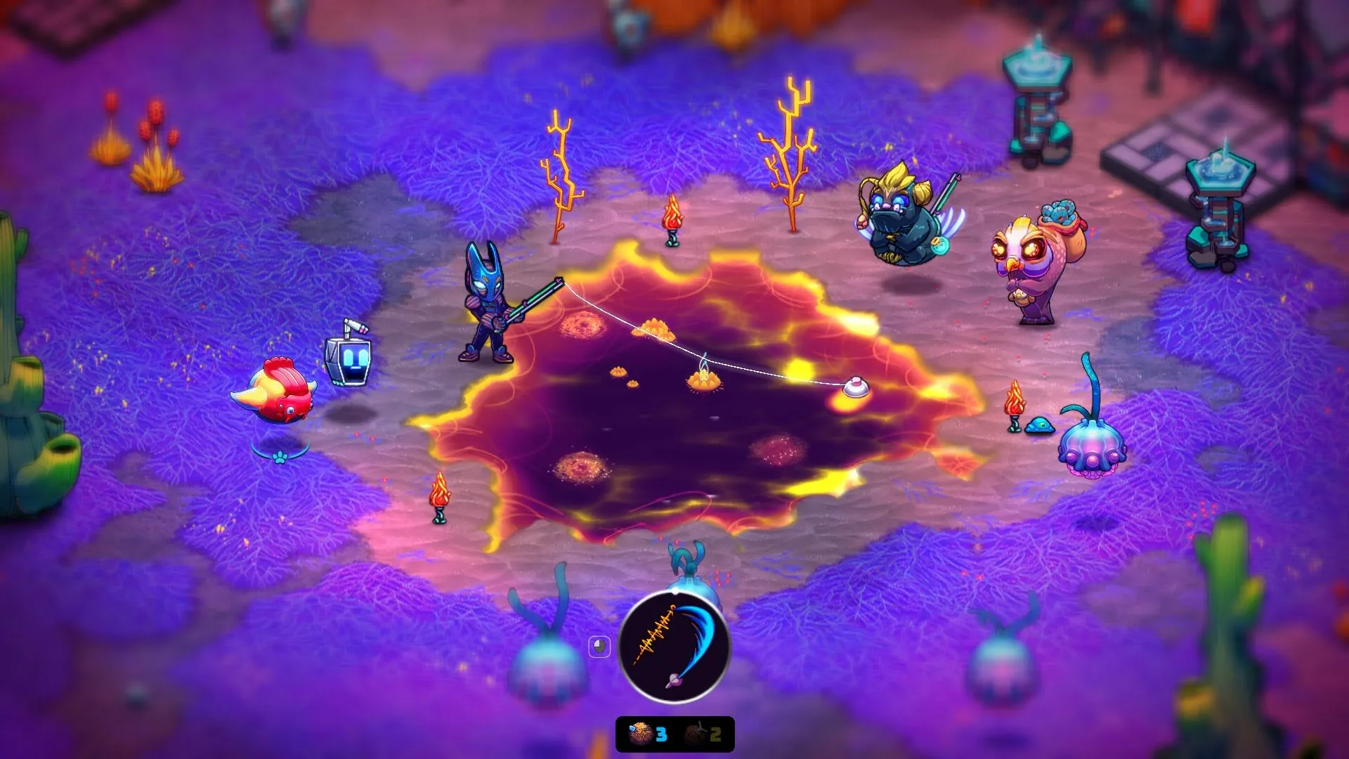 Captura Crashlands 2 Plataforma Morada Con Crater Central Rodeado De Enemigos