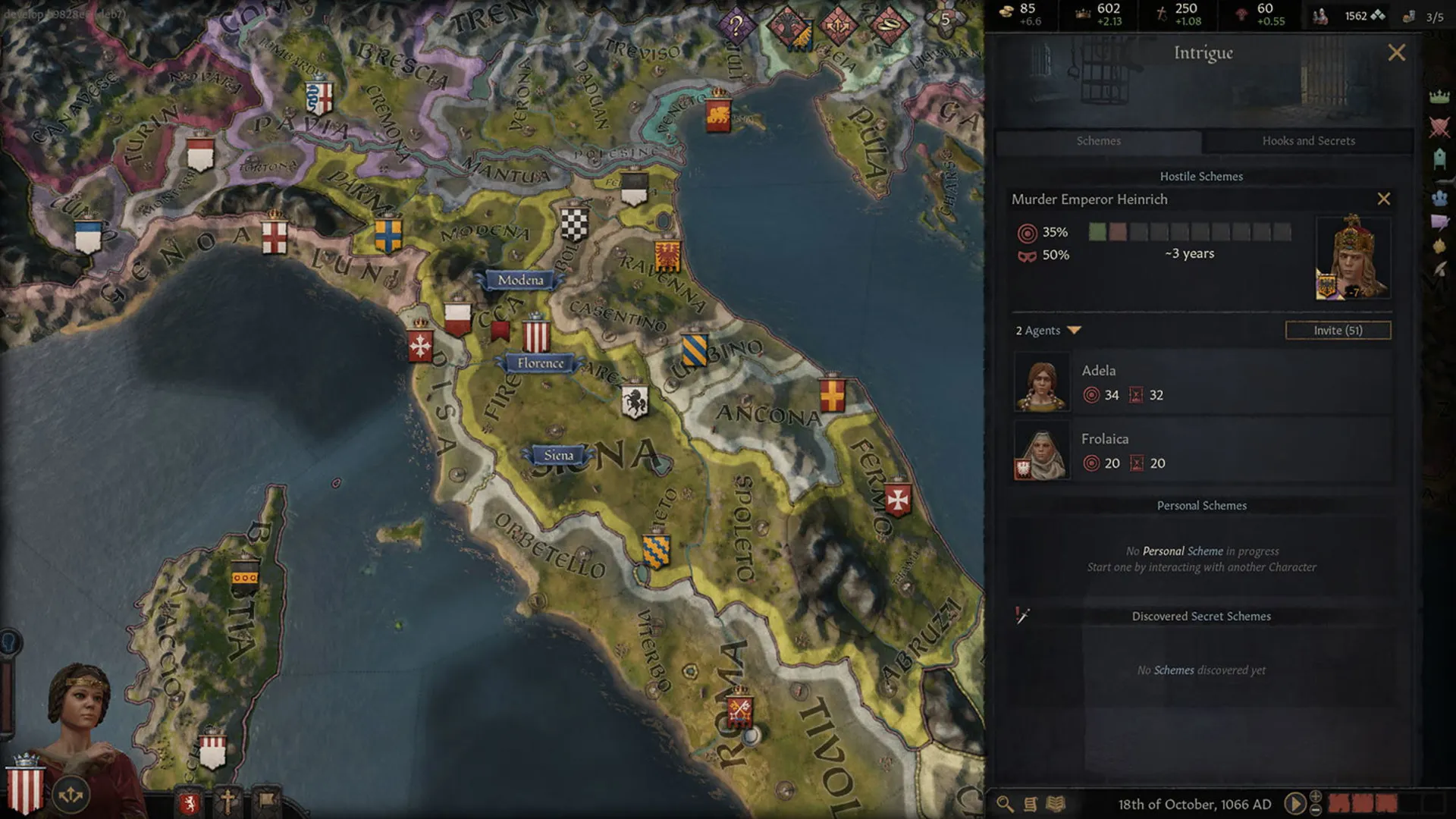 Captura Crusader Kings III Royal Edition – Mapa De Italia Central Con Menu De Intrigas Activado Y Objetivo De Asesinato