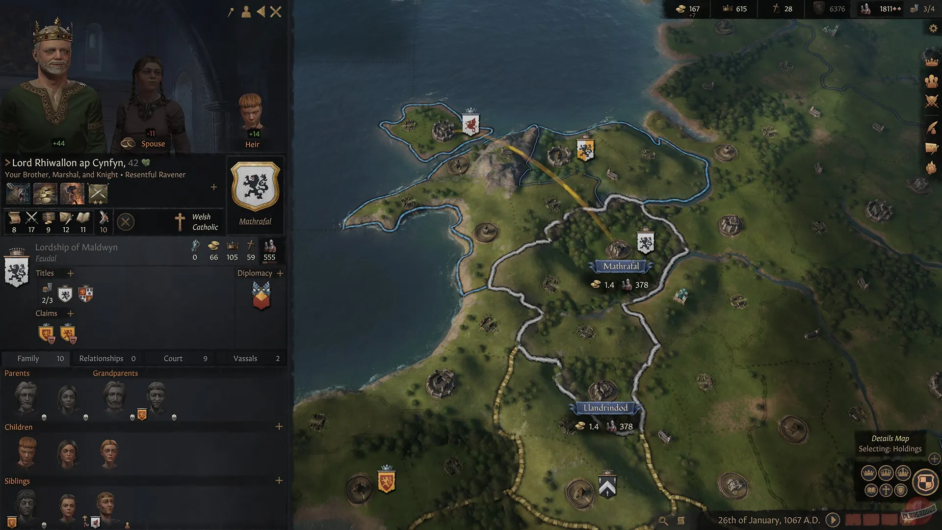 Captura Crusader Kings III Royal Edition – Mapa Detallado De Gales Con Informacion De Linaje Y Territorio