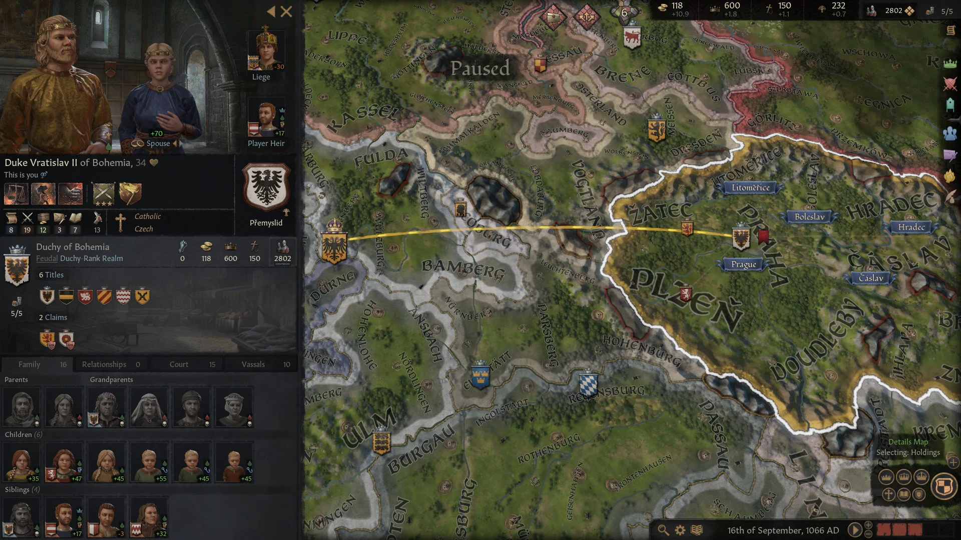 Captura Crusader Kings III Royal Edition – Vista Del Ducado De Bohemia Con Estadisticas Del Personaje Y Mapa Politico