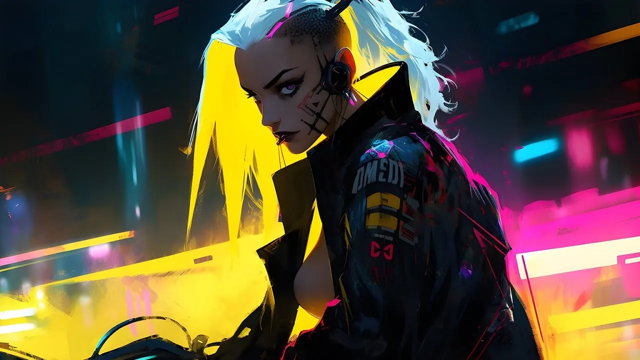 Captura Cyberpunk 2077 – Ilustracion De Mujer Con Chaqueta Negra Y Cabello Blanco En Entorno Neon