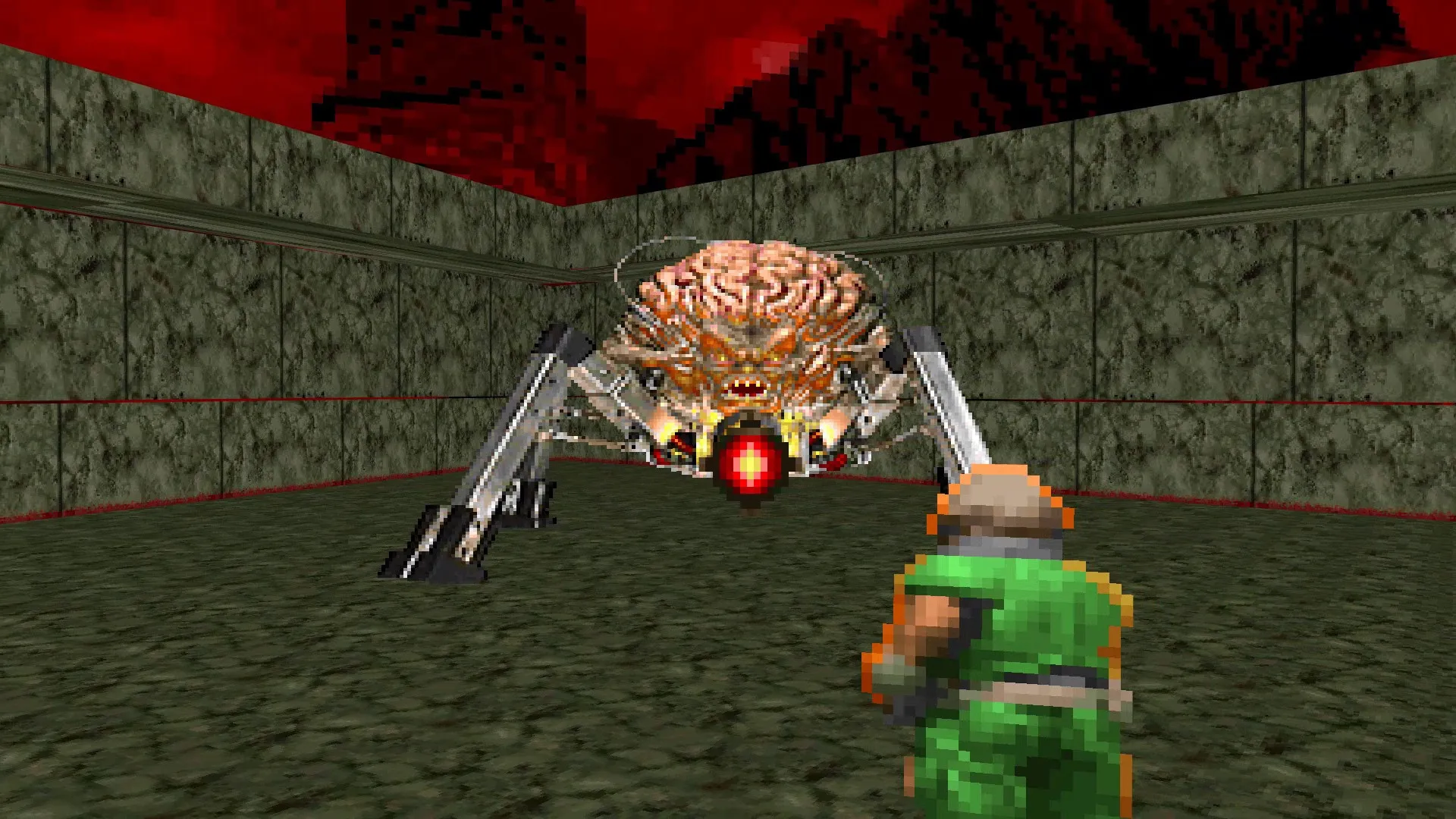Captura DOOM II – Enfrentamiento Con El Jefe Cerebro Mecanico En Una Sala Cerrada De Paredes Verdes