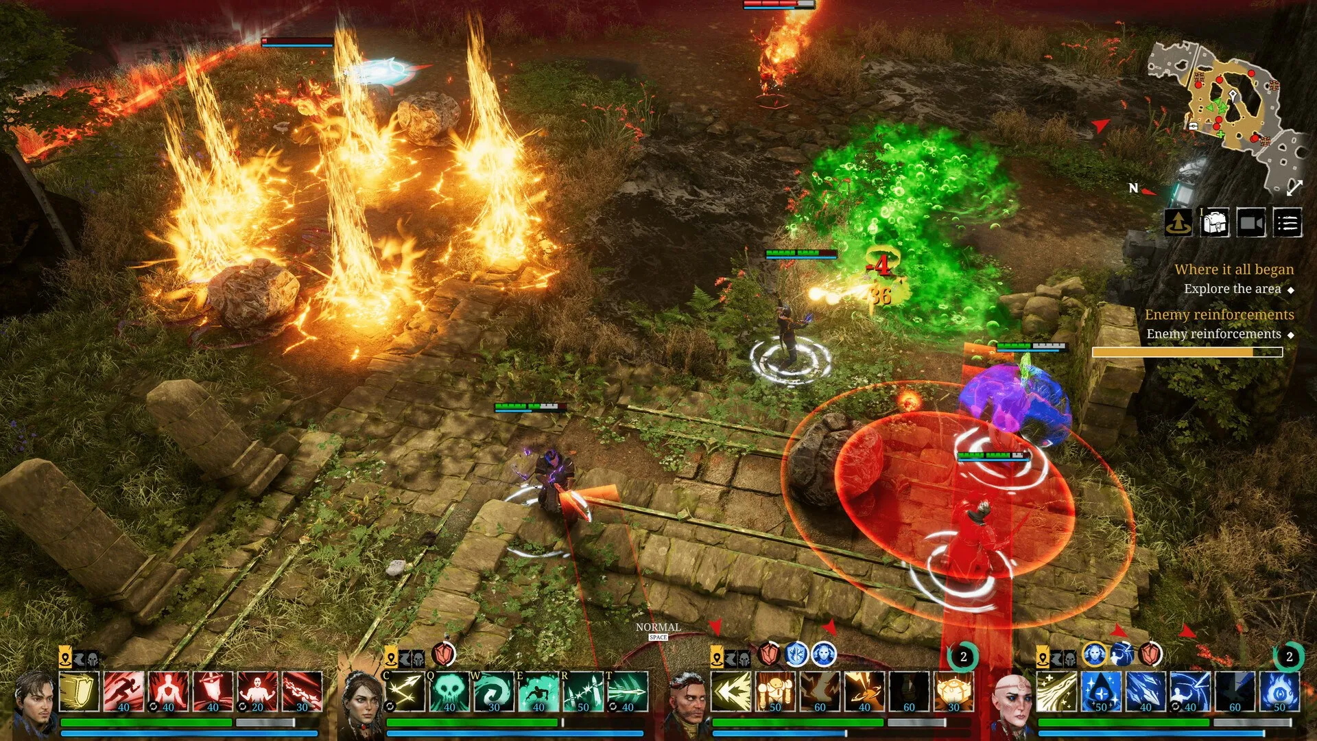 Captura Dark Envoy – Hechizos Y Enemigos Ardiendo En Un Entorno De Piedra Y Vegetacion