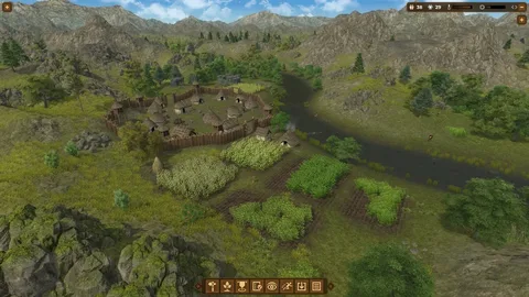 Captura Dawn Of Man – Asentamiento Rodeado De Arboles Y Montanas