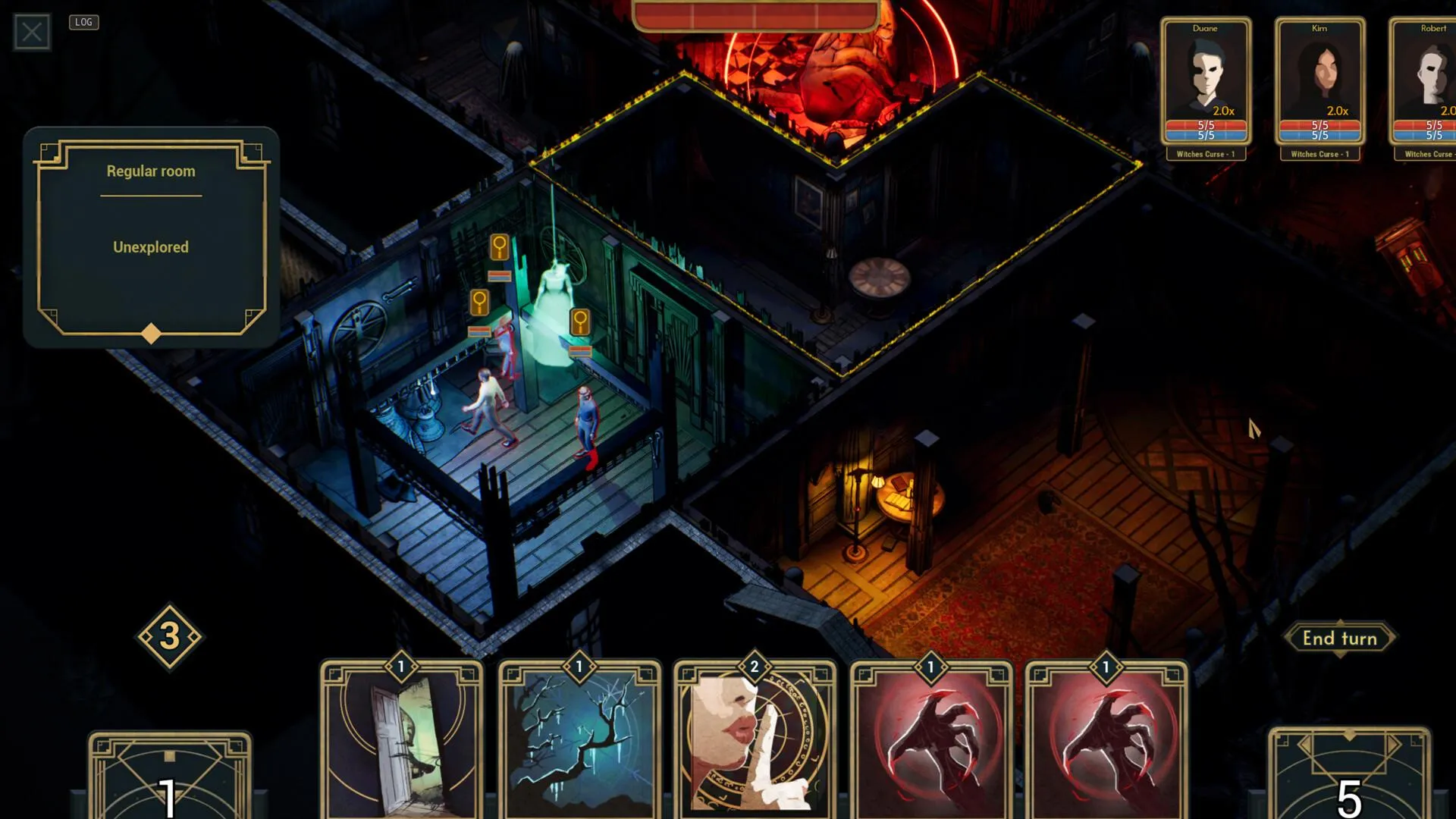 Captura Deck Of Haunts – Tres Personajes Avanzan Dentro De Una Habitacion Con Una Figura Fantasmal Junto A Una Puerta Iluminada Y Un Sello Rojo Brillante