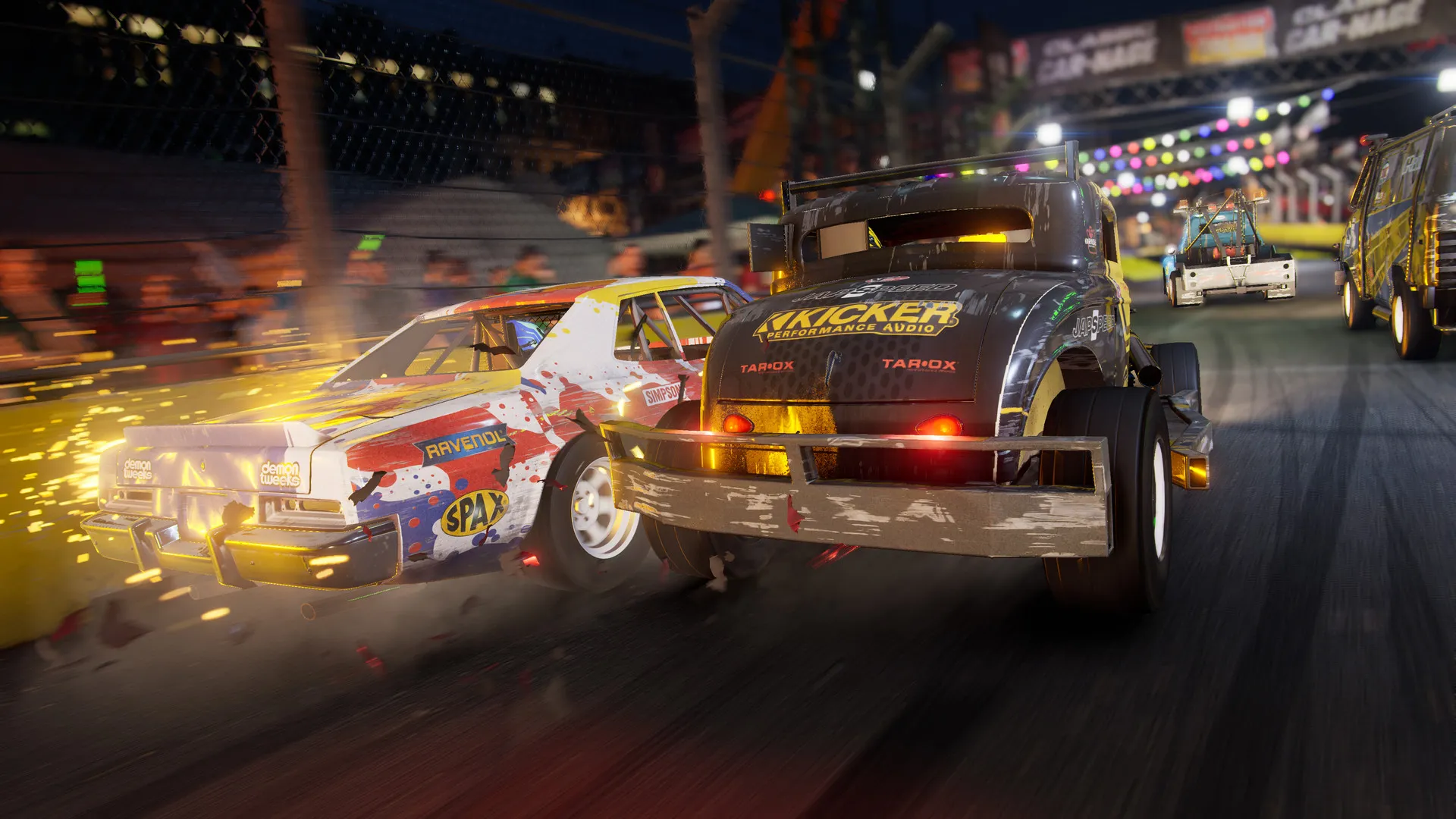 Captura DiRT Showdown – Vehiculos Compitiendo En Una Recta Bajo Luces Artificiales