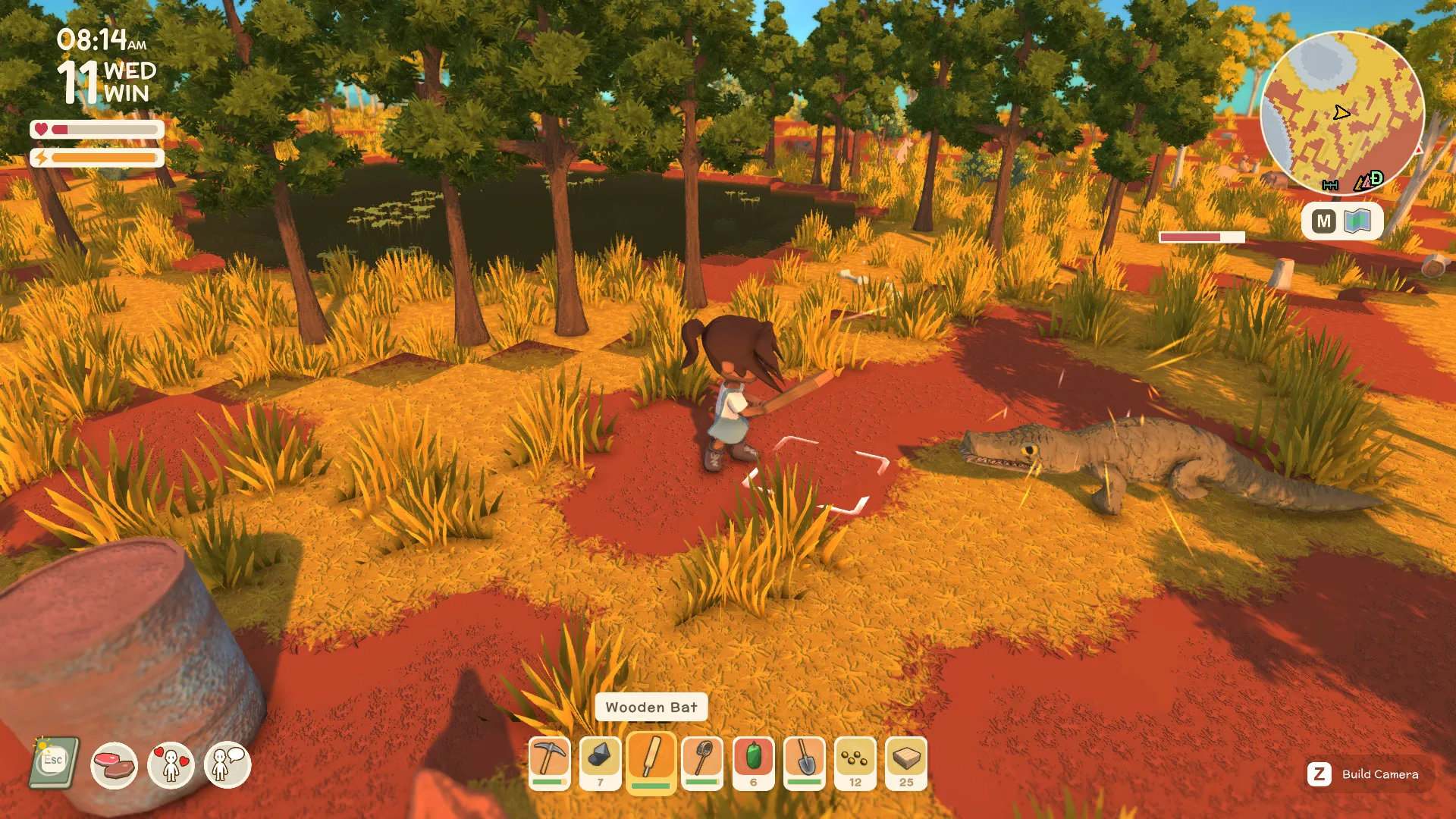 Captura Dinkum Terreno Rojizo Con Arboles Y Personaje Caminando Entre Arbustos