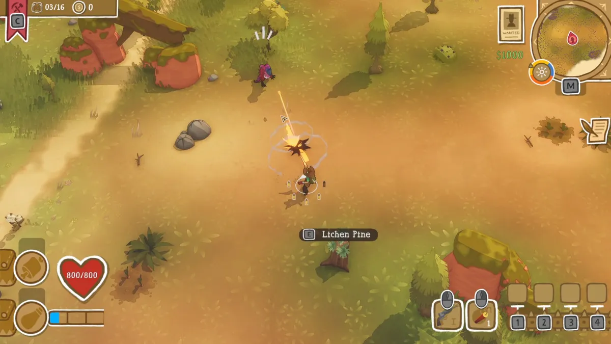 Captura Dino Path Trail – Vista Superior Del Personaje Recolectando Recursos En Un Paisaje Arido Con Enemigos Cerca