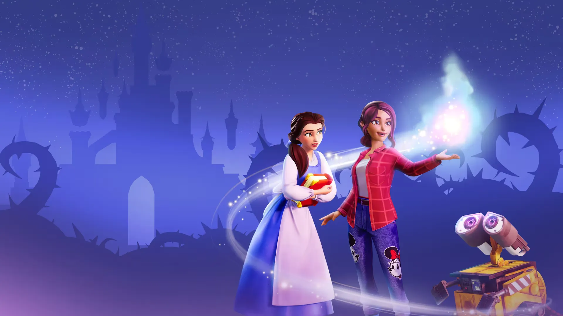 Captura Disney Dreamlight Valley – Bella WALL·E Y Una Avatar Femenina Comparten Una Escena Magica Con Fondo De Castillo Oscuro