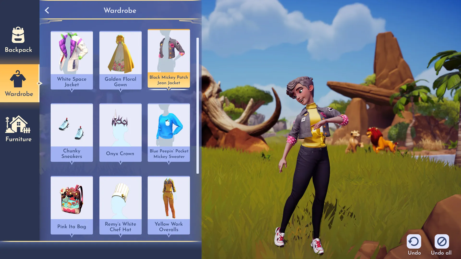 Captura Disney Dreamlight Valley – Personaje Personalizado Elige Ropa En El Vestidor Frente A Una Sabana Con Simba Y Hienas Al Fondo