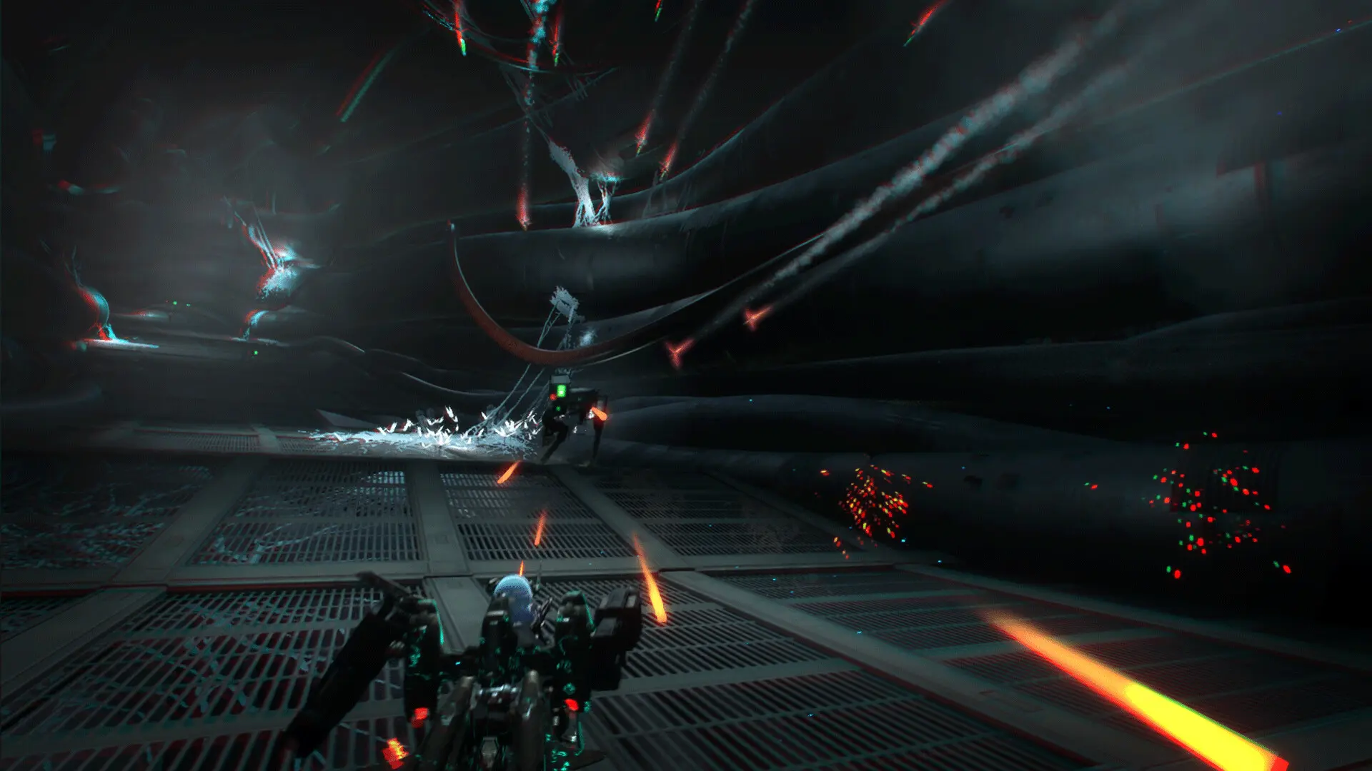Captura Dolls Nest Disparo Hacia Estructura Oscura Con Luces Rojas En Movimiento