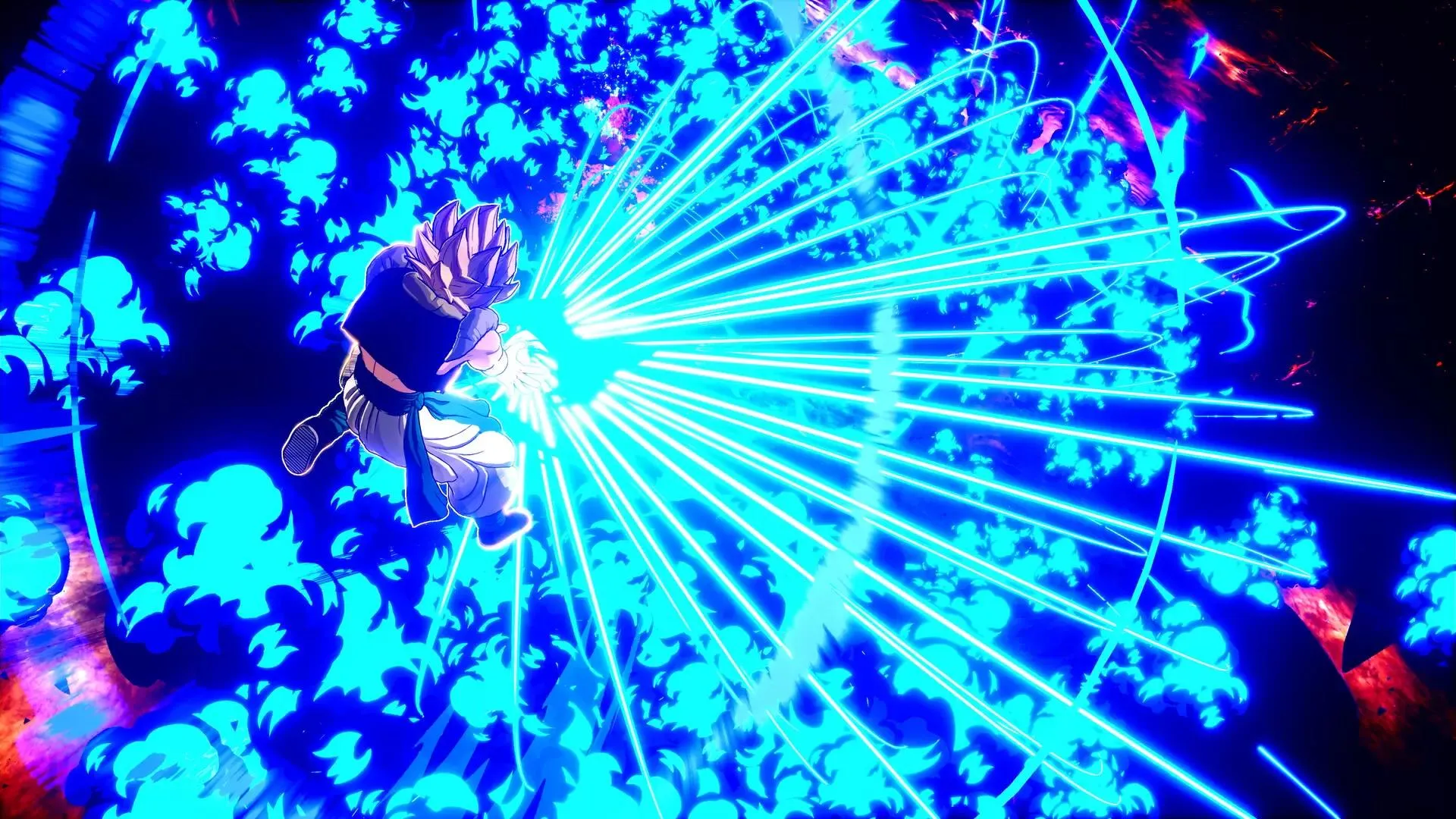 Captura Dragon Ball Sparking ZERO – Gogeta Lanza Una Devastadora Rafaga De Energia En Un Entorno Completamente Iluminado En Azul