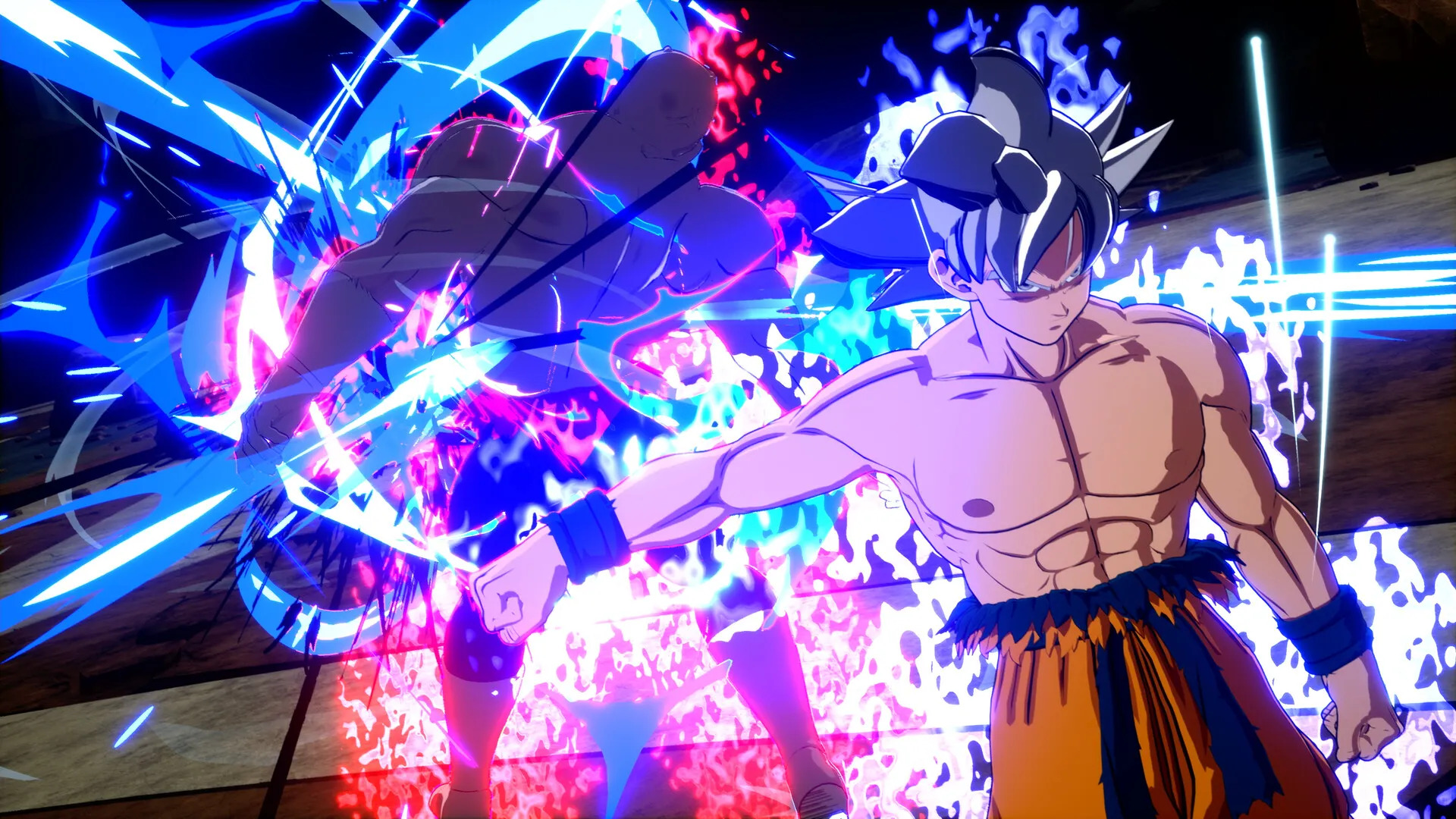Captura Dragon Ball Sparking ZERO – Goku En Ultra Instinto Emitiendo Una Intensa Aura Mientras Su Oponente Cae Golpeado