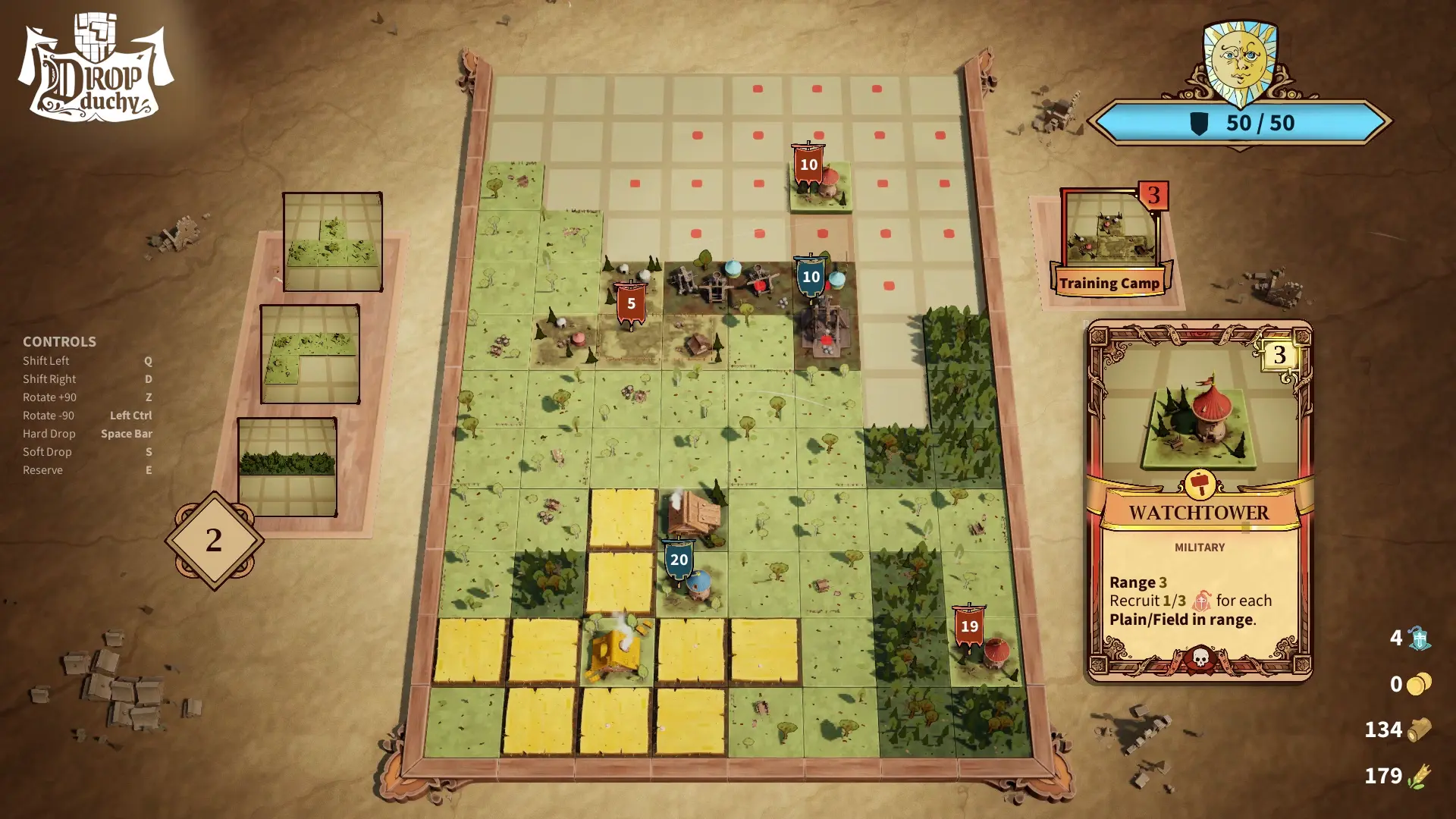 Captura Drop Duchy – Vista Tactica Con Fichas Militares Y Torres Desplegadas Sobre Campos De Cultivo