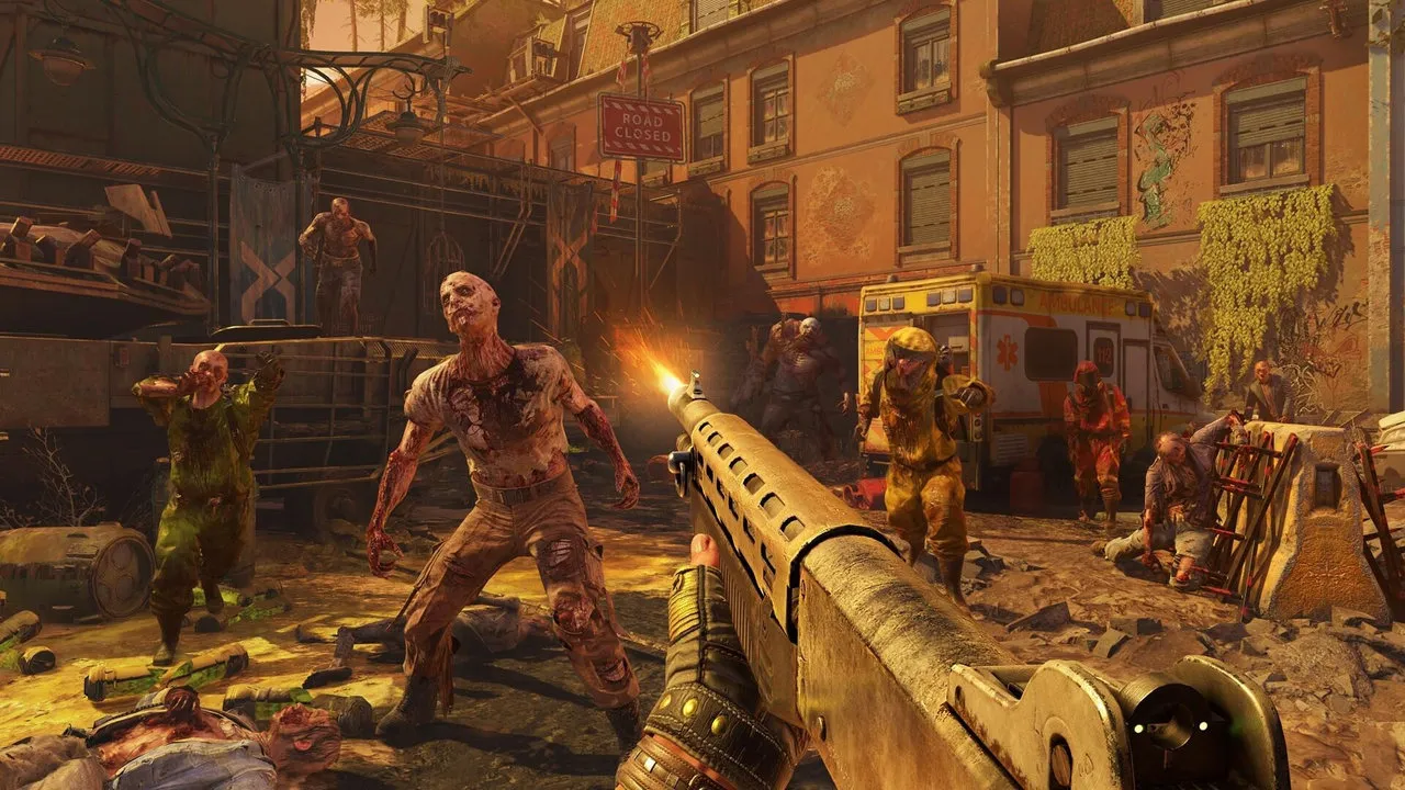 Captura Dying Light 2 Stay Human Vista En Primera Persona Disparando A Una Horda De Zombis En Una Calle Urbana