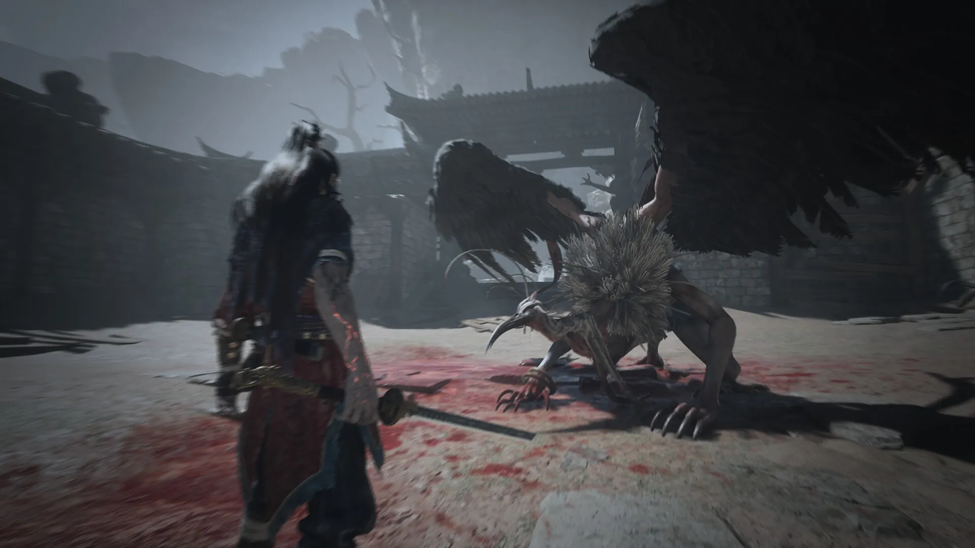 Captura Echoes Of Yi Samsara – Guerrero Enfrentando Una Criatura En Un Terreno Nevado Y Sangriento