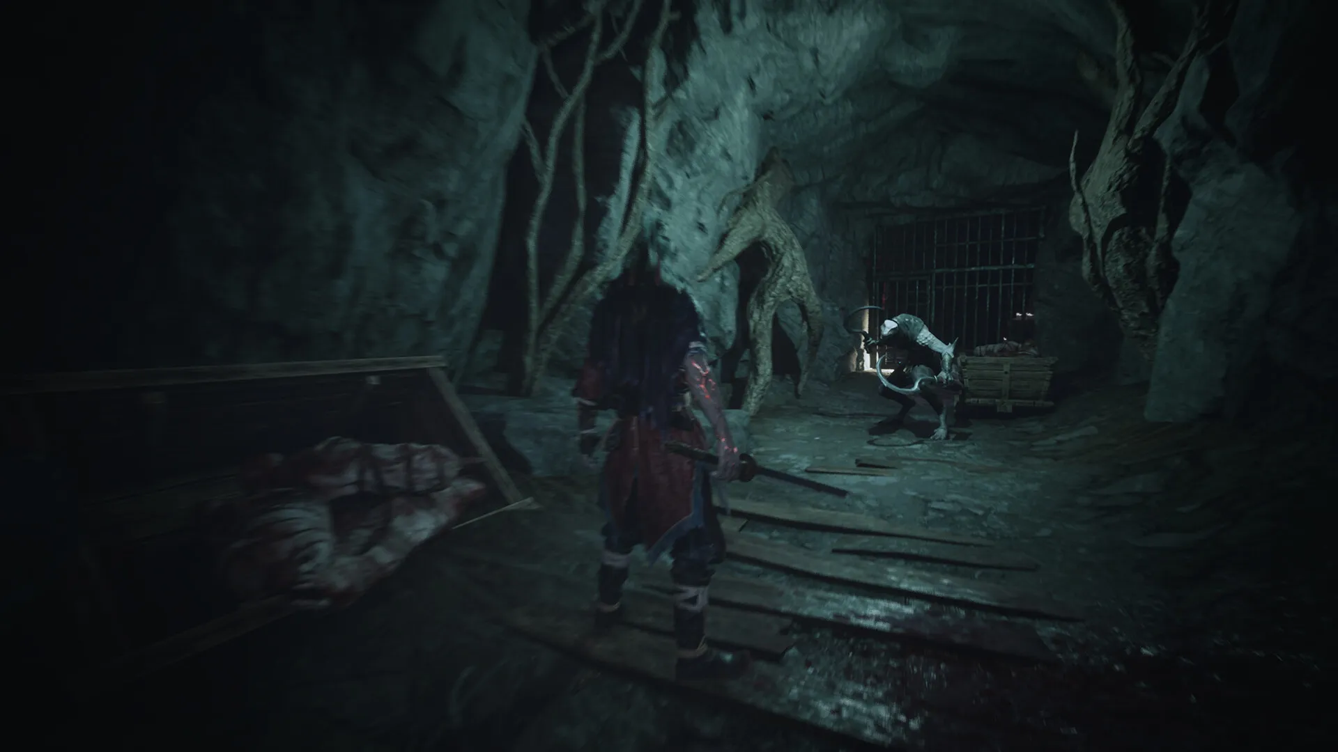 Captura Echoes Of Yi Samsara – Personaje Avanzando Por Una Cueva Oscura Y Humeda
