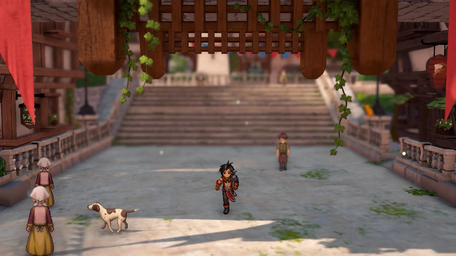 Captura Eiyuden Chronicle Hundred Heroes – Escena Con Personajes En Una Escalinata De Ciudad Oriental