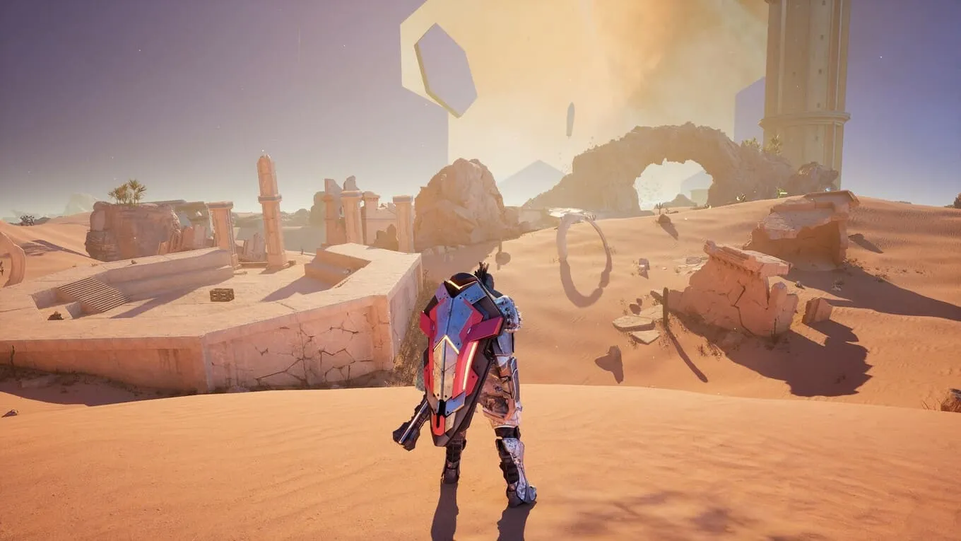Captura Empyreal – Explorador Con Armadura Observa Ruinas Entre El Desierto Y Estructuras Flotantes