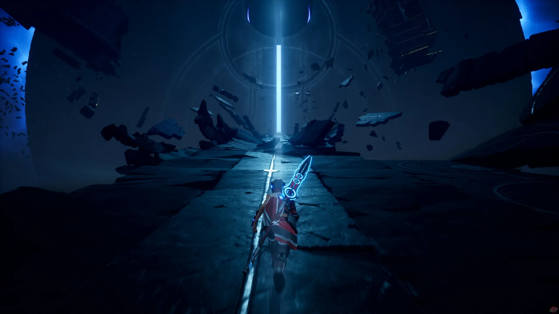 Captura Empyreal – Personaje Corre Hacia Una Estructura Circular Iluminada En Una Dimension Oscura