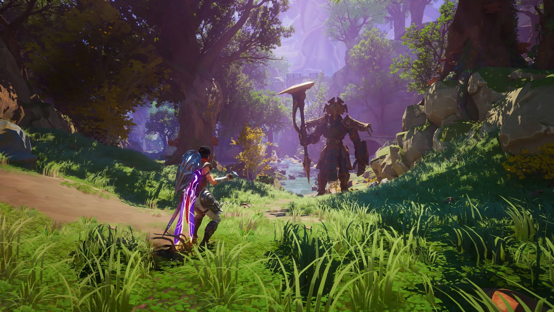 Captura Eternal Strands – Personaje Femenino Frente A Un Enemigo En Bosque Colorido