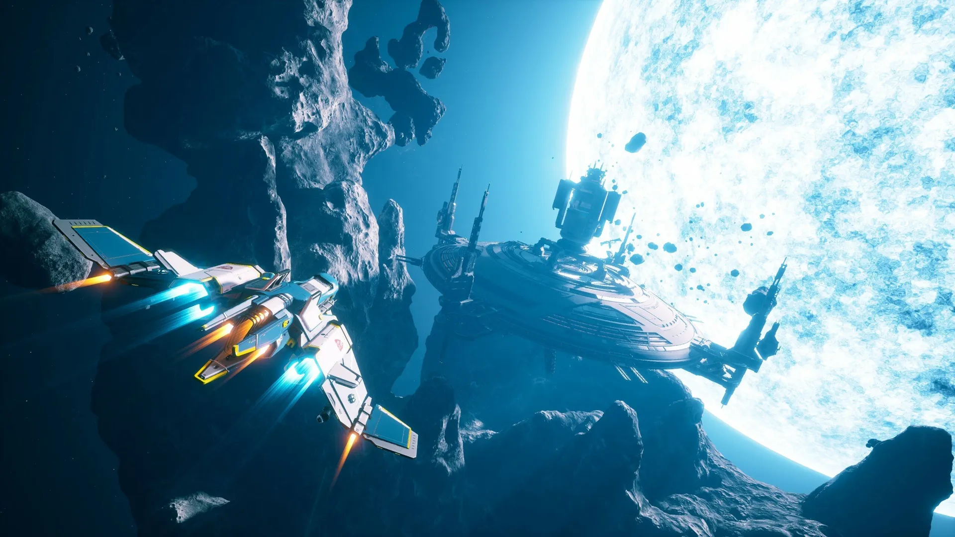 Captura Everspace 2 Nave Surca Un Campo De Asteroides Con Una Estrella Brillante Al Fondo