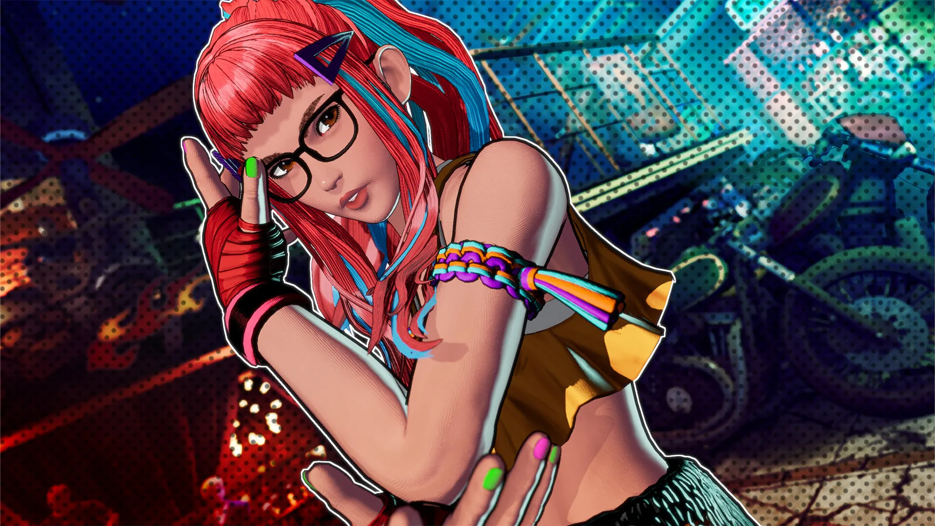 Captura FATAL FURY City Of The Wolves – Primer Plano De Una Luchadora Pelirroja Con Gafas En Un Entorno De Neon Y Estilo Comic