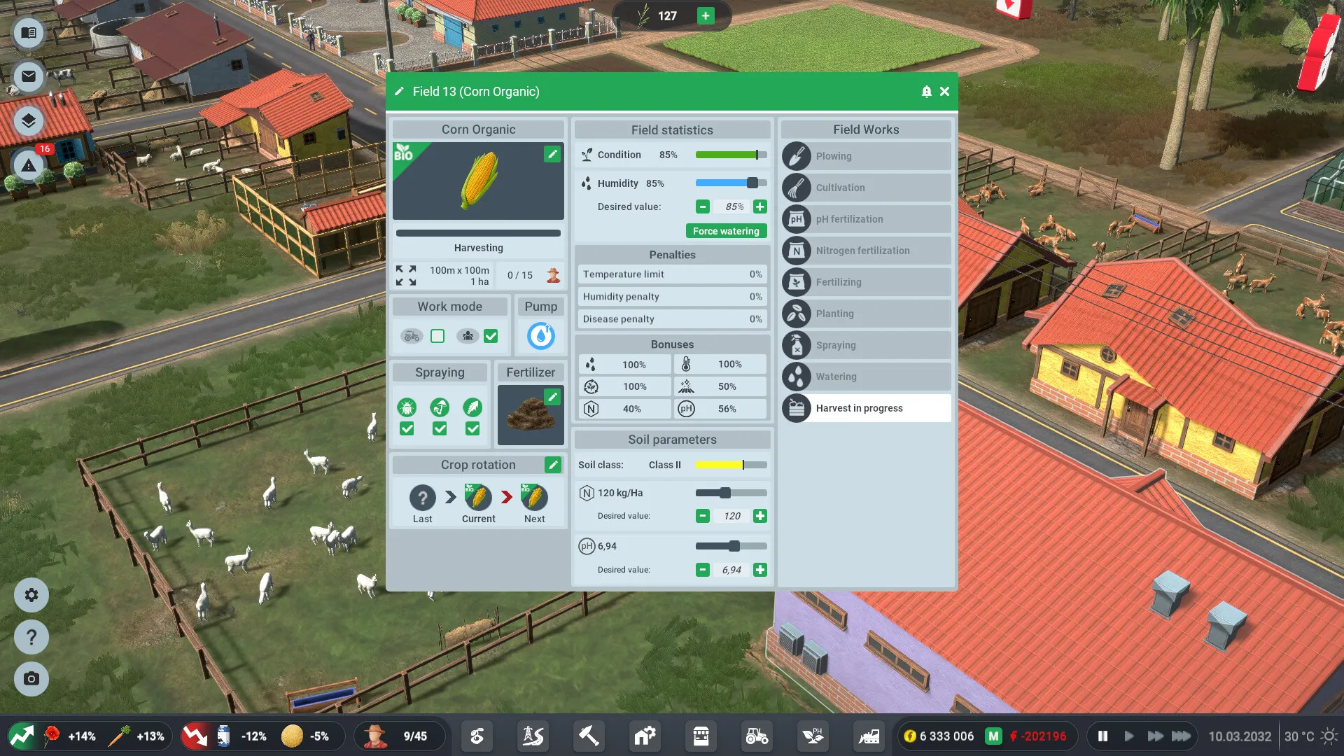 Captura Farm Manager World Interfaz De Cultivo Con Menu Desplegado Y Detalles De Produccion