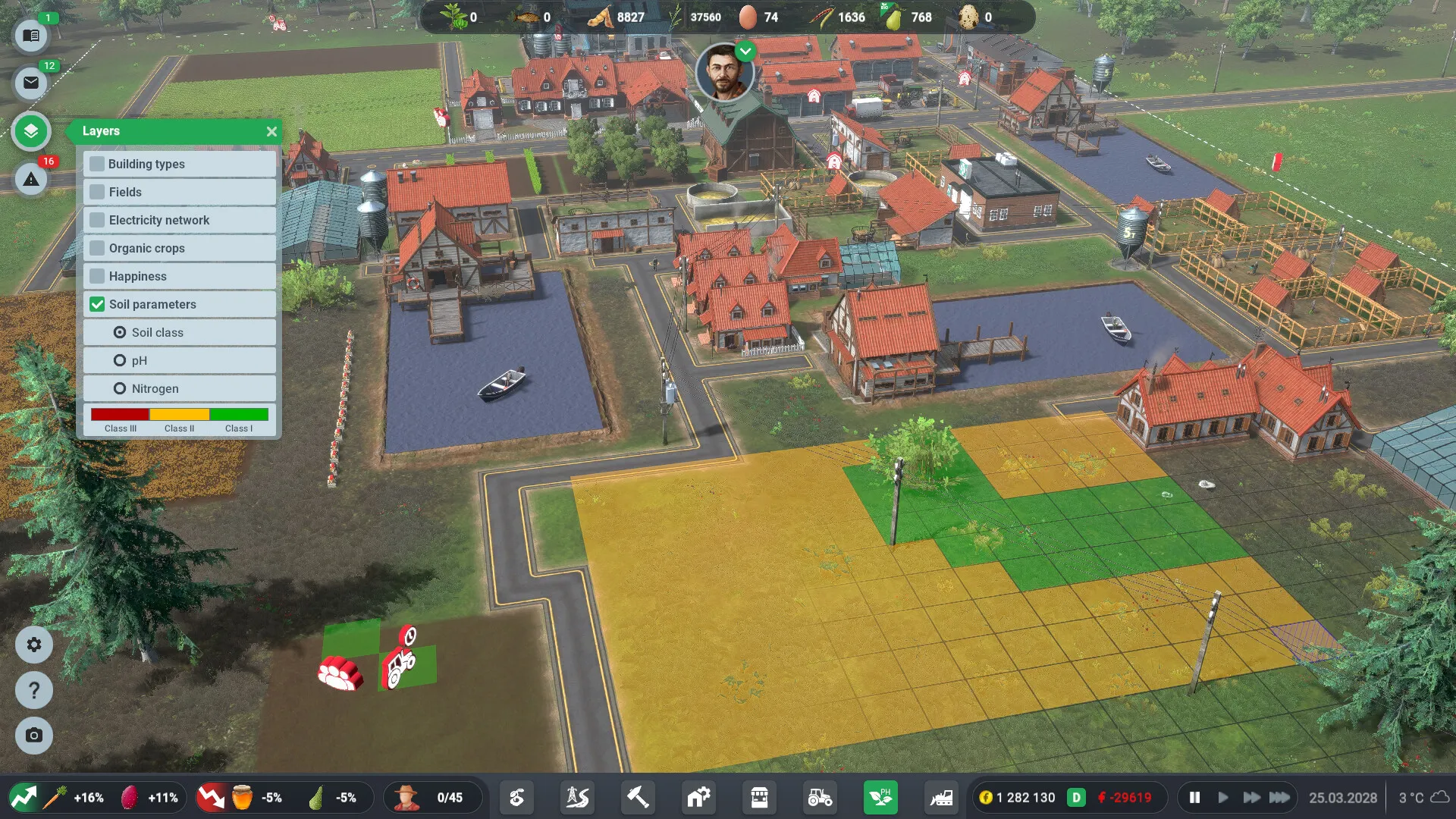 Captura Farm Manager World Vista Aerea De Cultivos Y Edificios Con Menu De Opciones A La Izquierda