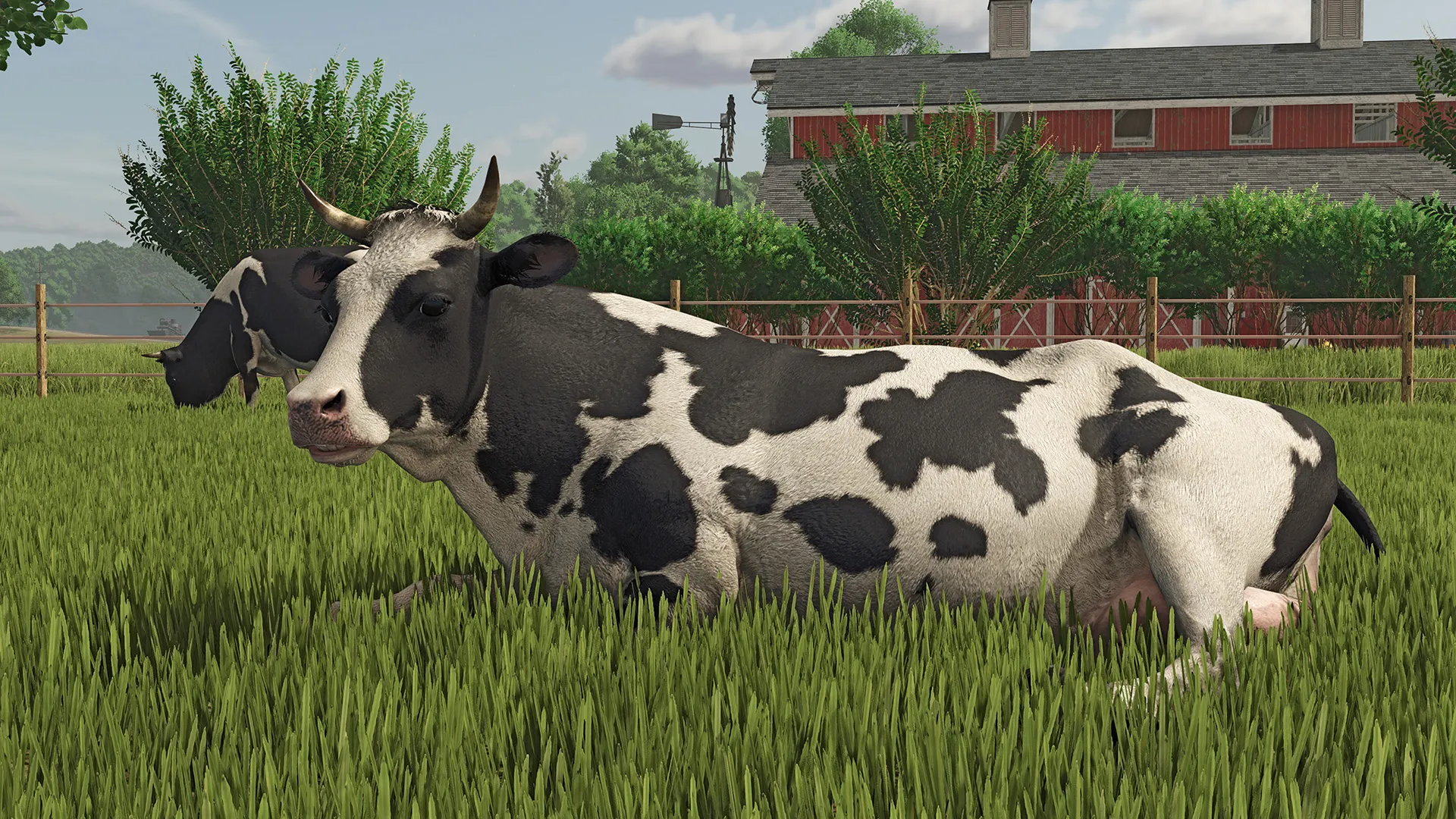 Captura Farming Simulator 25 Primer Plano De Una Vaca Acostada Sobre Pasto Verde Con Otra Vaca Comiendo Al Fondo En Una Granja Rural