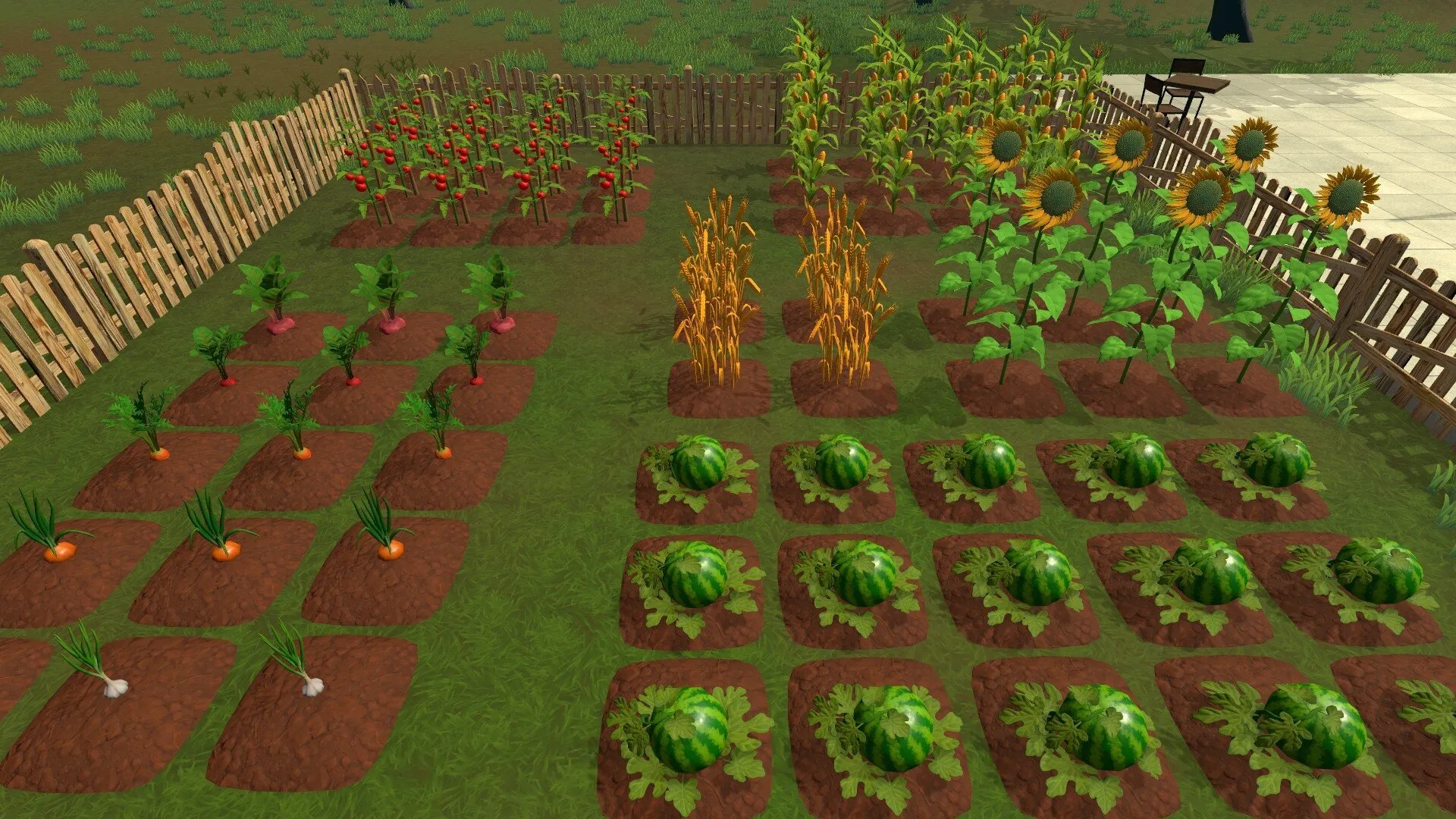 Captura Farming Supermarket Simulator Campo Con Filas De Cultivos Verdes Y Herramientas Agricolas Visibles