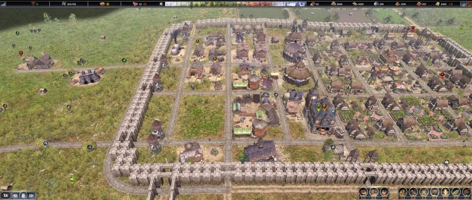 Captura Farthest Frontier Asentamiento Cuadrado Con Caminos Y Casas Organizadas