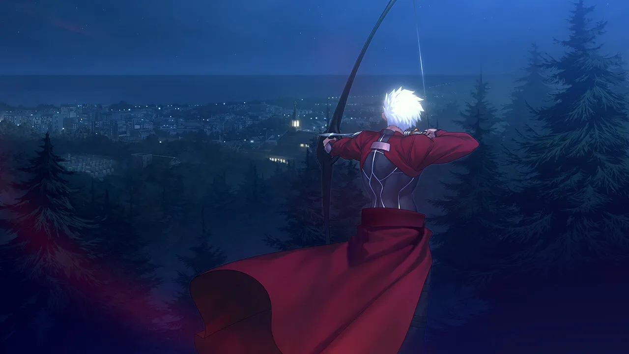 Captura Fatestay Night Archer Apunta Con Su Arco Hacia Una Ciudad Desde Lo Alto Del Bosque