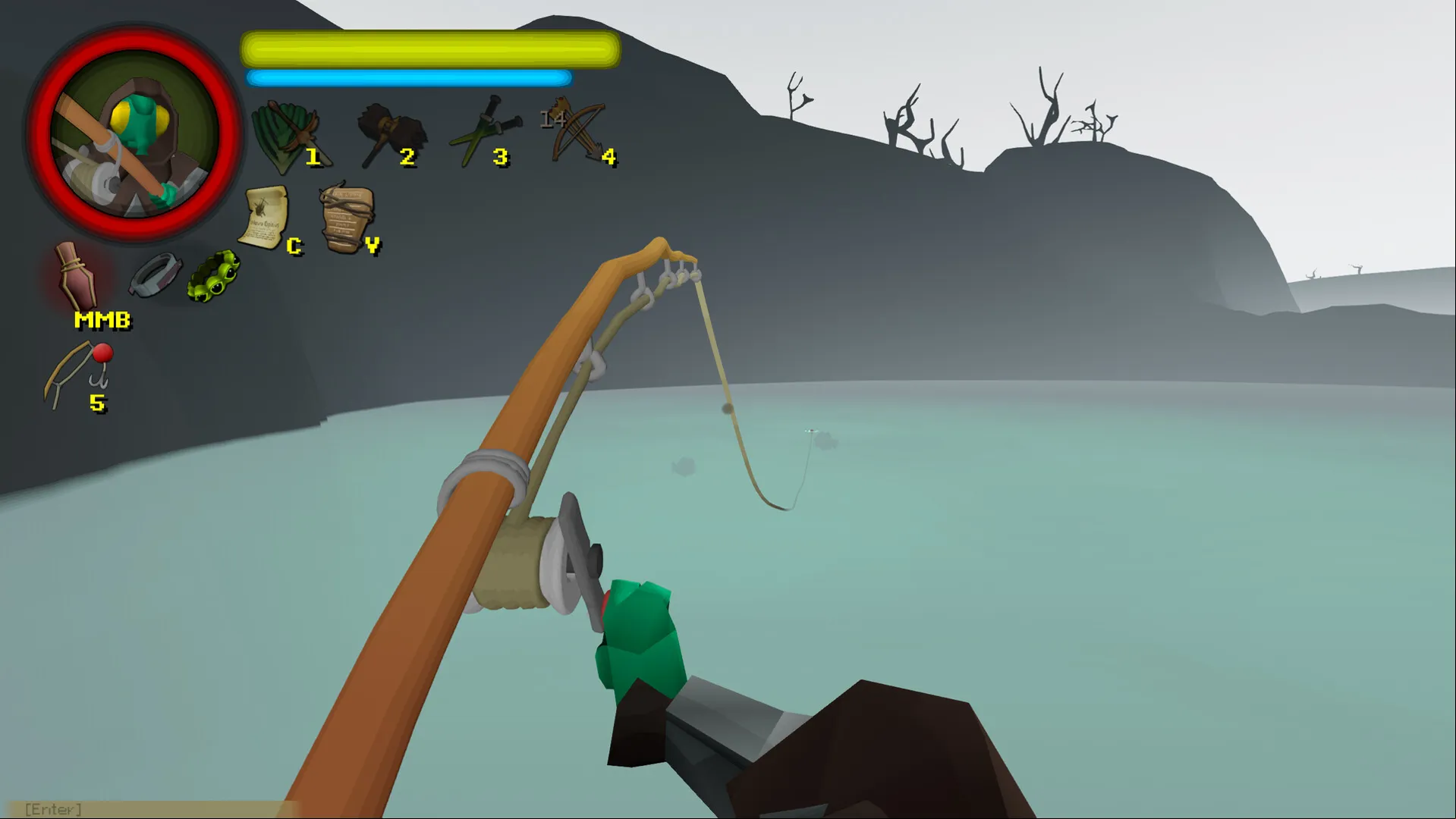 Captura FlyKnight Personaje Pescando En Un Lago Con Interfaz De Juego Visible En La Parte Superior