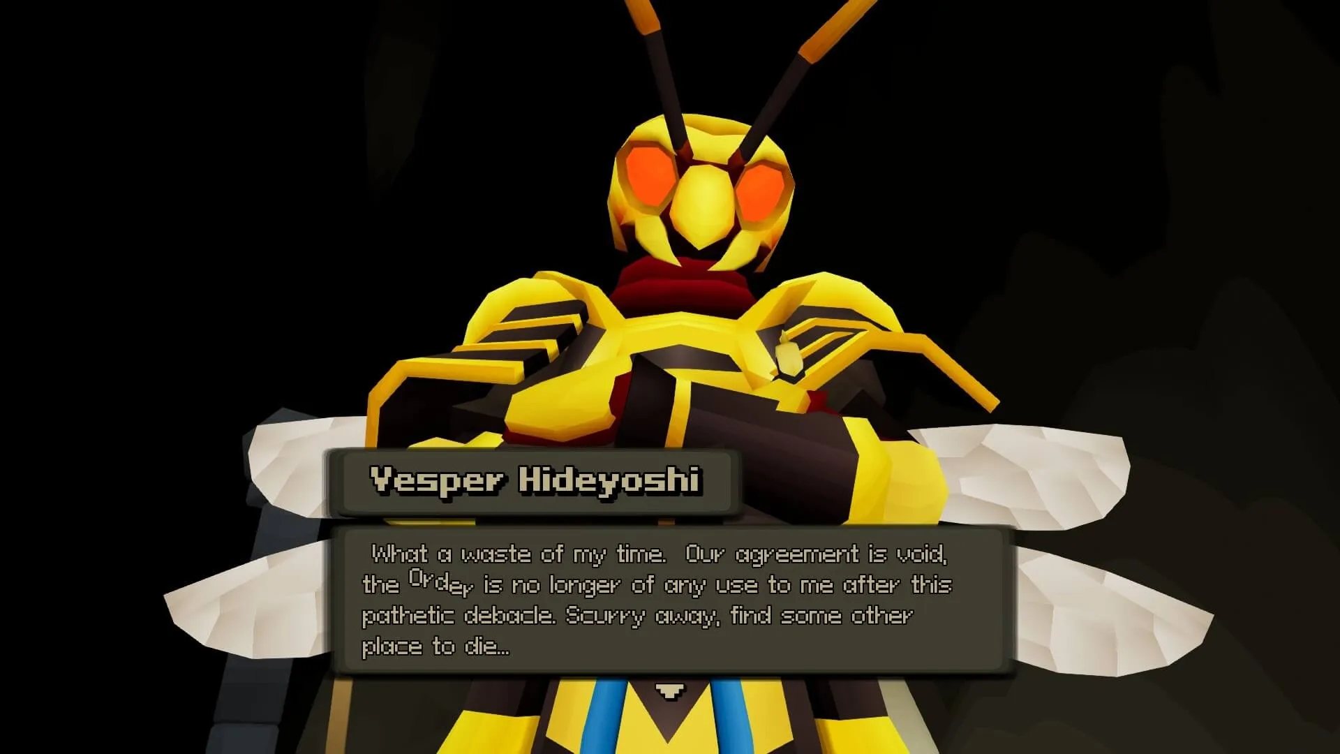 Captura FlyKnight – Primer Plano De Un Insecto Gigante Con Brazos Cruzados Y Texto En Pantalla