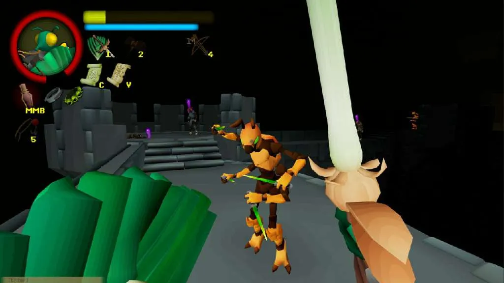 Captura FlyKnight – Un Personaje Ataca Con Espada En Una Plataforma Rodeada De Bloques Verdes Y Enemigos Al Fondo