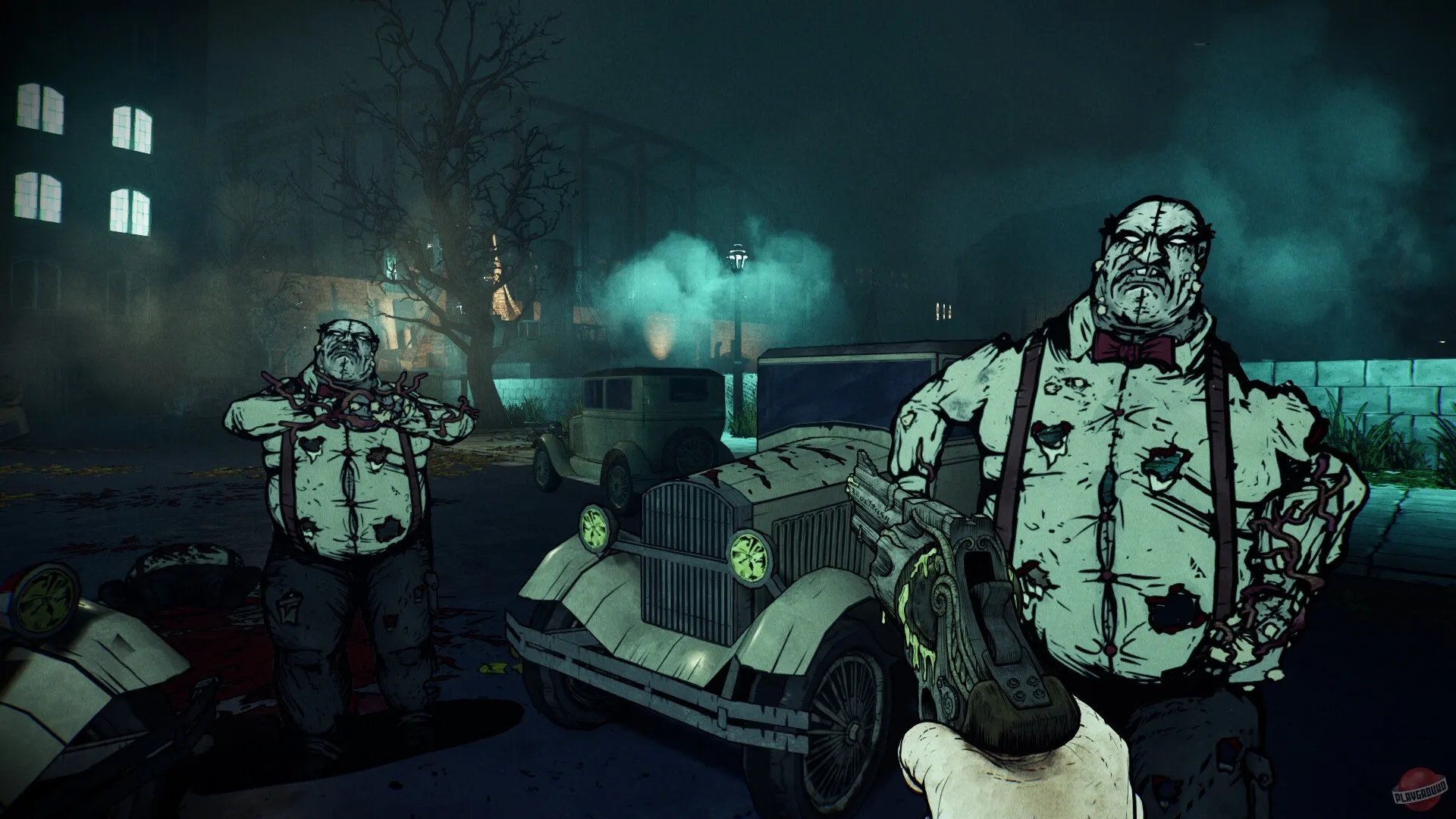 Captura Forgive Me Father 2 – Ambiente Sombrio Con Criaturas Rodeando Al Protagonista En La Niebla