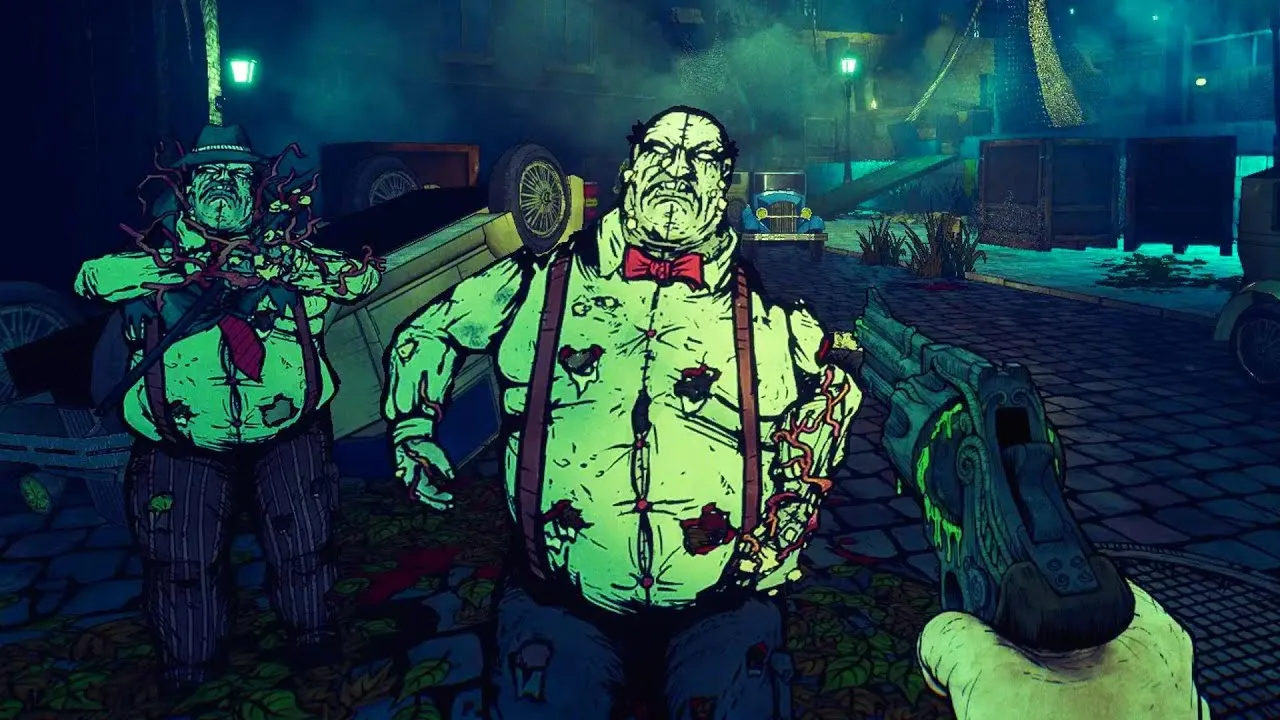 Captura Forgive Me Father 2 – Fondo Fosforescente Con Dos Personajes Y El Titulo Resaltado