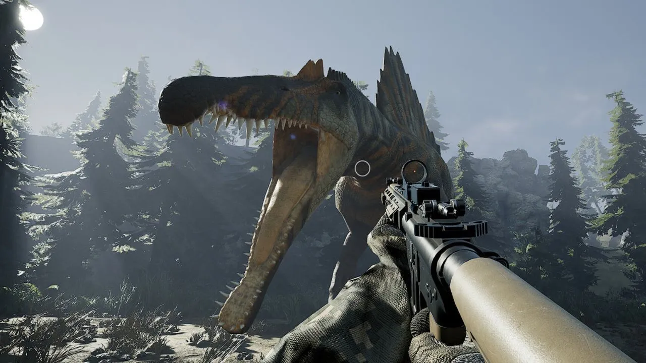 Captura Fossilfuel 2 Perspectiva Con Escopeta Apuntando Hacia Un Dinosaurio En El Bosque